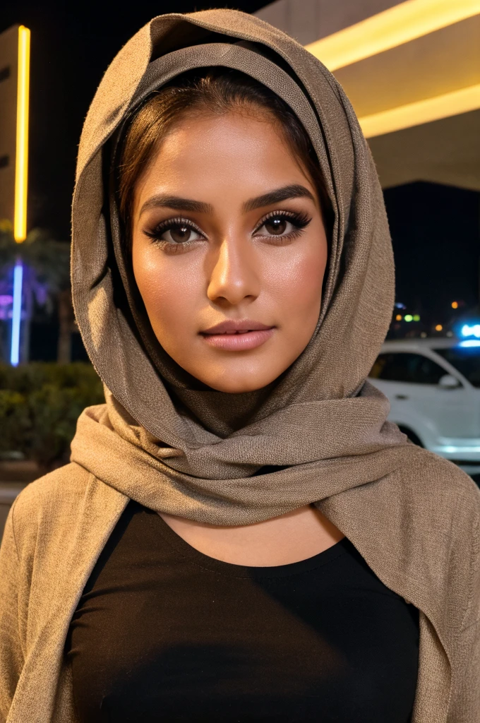 ((best quality)), ((Meisterwerk)), (Detailliert), Perfektes Gesicht, 1.1, Hochdetaillierte Gesichts- und Hautstruktur, Detaillierte Augen, brown eyes, brown colored eyes, cute makeup, Amira 23 year old arabic beauty, on the streets of dubai at night with head scarf and modest clothing,  full body picture from far away