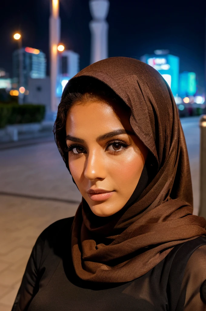 ((best quality)), ((Meisterwerk)), (Detailliert), Perfektes Gesicht, 1.1, Hochdetaillierte Gesichts- und Hautstruktur, Detaillierte Augen, brown eyes, brown colored eyes, cute makeup, Amira 23 year old arabic beauty, on the streets of dubai at night with head scarf and modest clothing, full body picture from far away