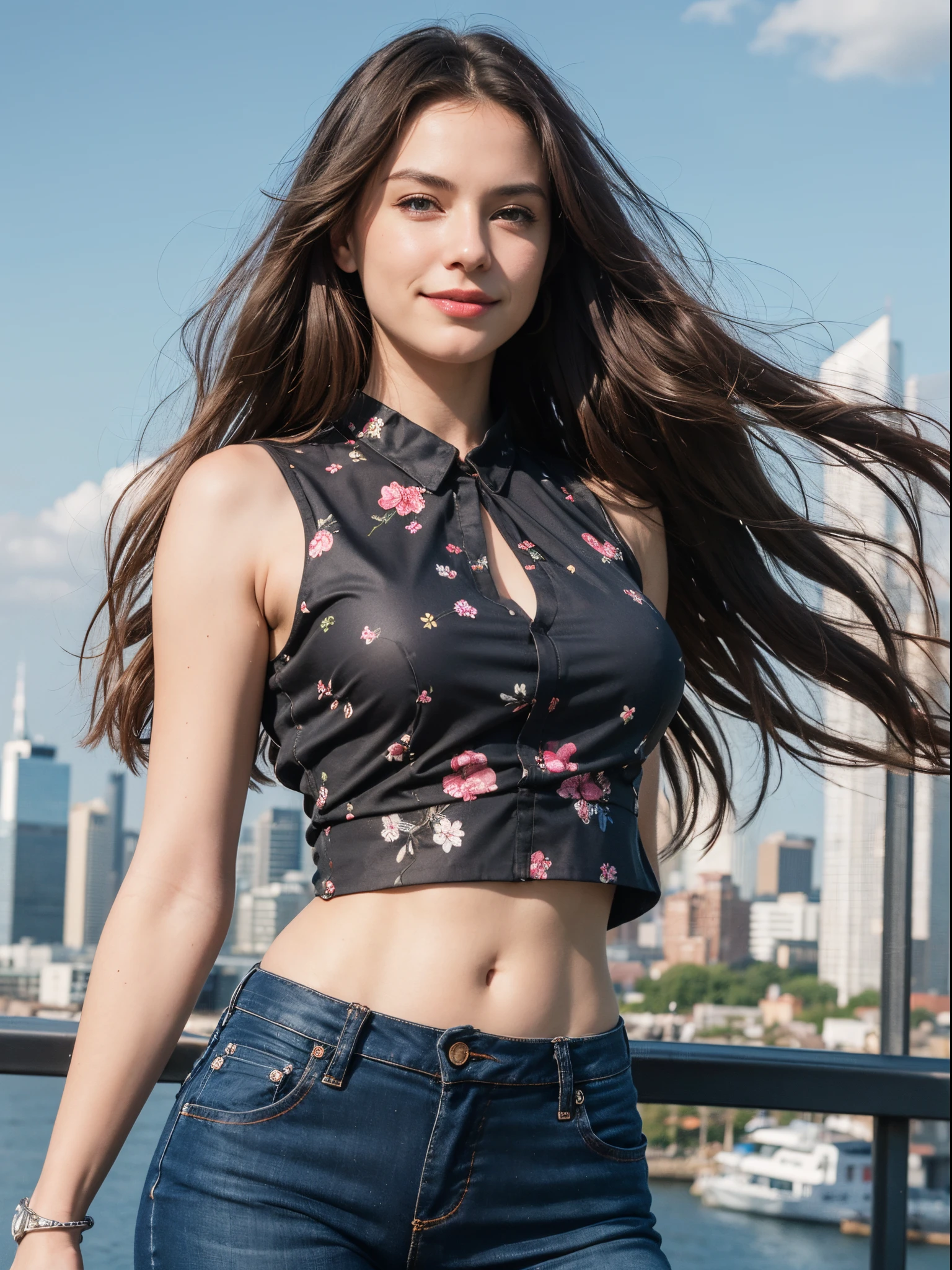 masterpiece, best quality, ultra-detailed),(1girl), blue eyes, long hair, brunette, dynamic angle, dynamic pose, natural lighting, floating, (sleeveless flowered blouse:1.2|black top), (jeans:1.2|leather pants:0.9), (silver bracelet:1.2|watch), (natural background:0.8| cityscape), (smiling:0.8| serious expression), (light in the hair), many drops of water:0.8