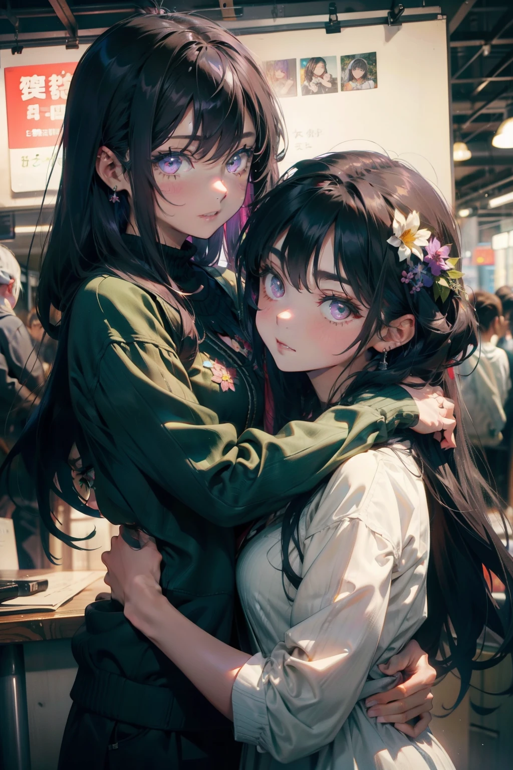 Two girls hugging each other, One has long black hair......., Purple eyes..., The other has long ash-gray hair......., Green eyes..., High quality, a couple , Girls love girls............., Yuri ,beautiful  Girl, lesbian, Lovers ,. Koi., . expression of love. Lovers. date. , street wear. Jacket ,Room，Holding a bouquet of flowers，Celebrate，