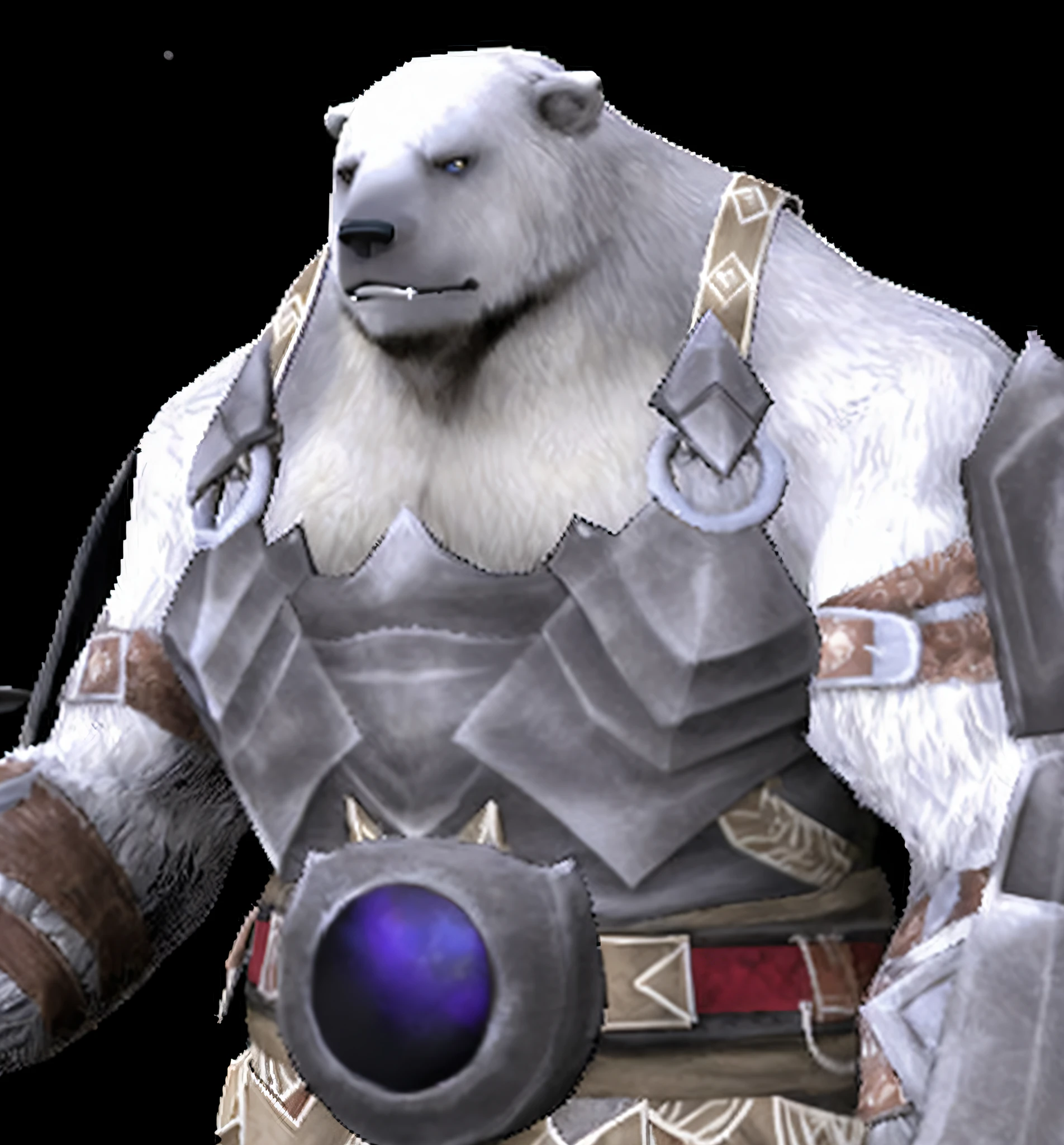 Close-up of a white bear with blue eyes, fur-clad barbarian goliath, giant bear human hybrid, Wearing intricate fur armor, gnoll, Raging Bugbear, detailed white armor, Male polar explorer, bugbear, Fur armor, intricate white armor, Manbear Pig, Titans of Erebos, 12 Ursa Major, White Ghost Hulk