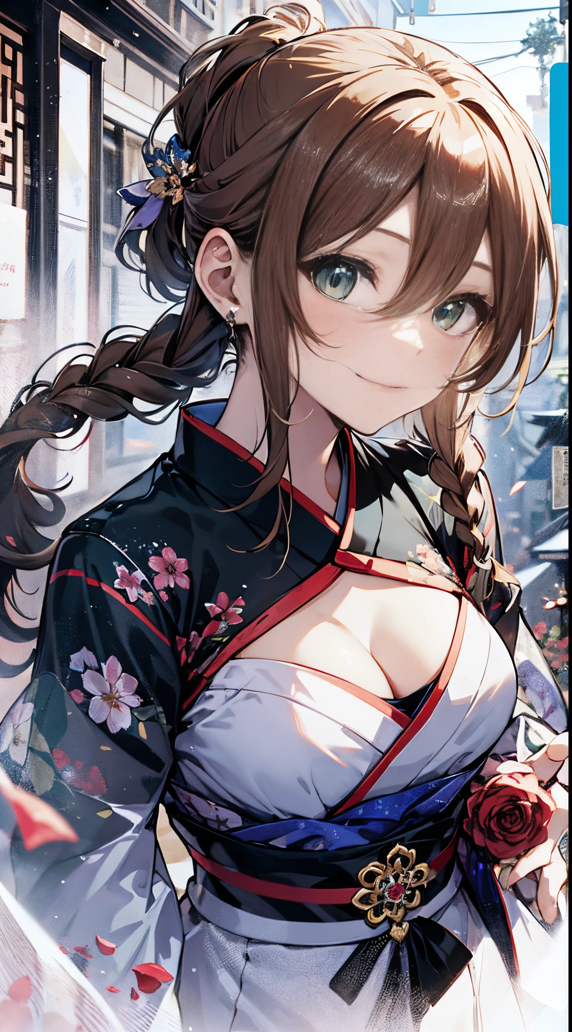 ((tmasterpiece:1.4, Best quality))+, (hyper-detailing)+, (Green-eyed:1.5)+, (Meticulous ears:1.5), (cute girls), (Classic green Hanfu:1.5), Long ponytail details, Long braids on both sides, (wariza:1.2), pale-skinned, (white cloth:1.5), (black long pants:1.4), wine jugs, fresh flowers, Hakuba, Chinese long sword, Chinese ancient city, Wandering around the market with luggage, (Ranger:1.1), (dawn light:1.2), ), (Close-up cleavage:1.1), (elevation perspective:1.3), forehead jewel, Colored inner hair, Striped hair, Sad smile, disarray's gem branch, Brown hair, first person perspective,the only person
