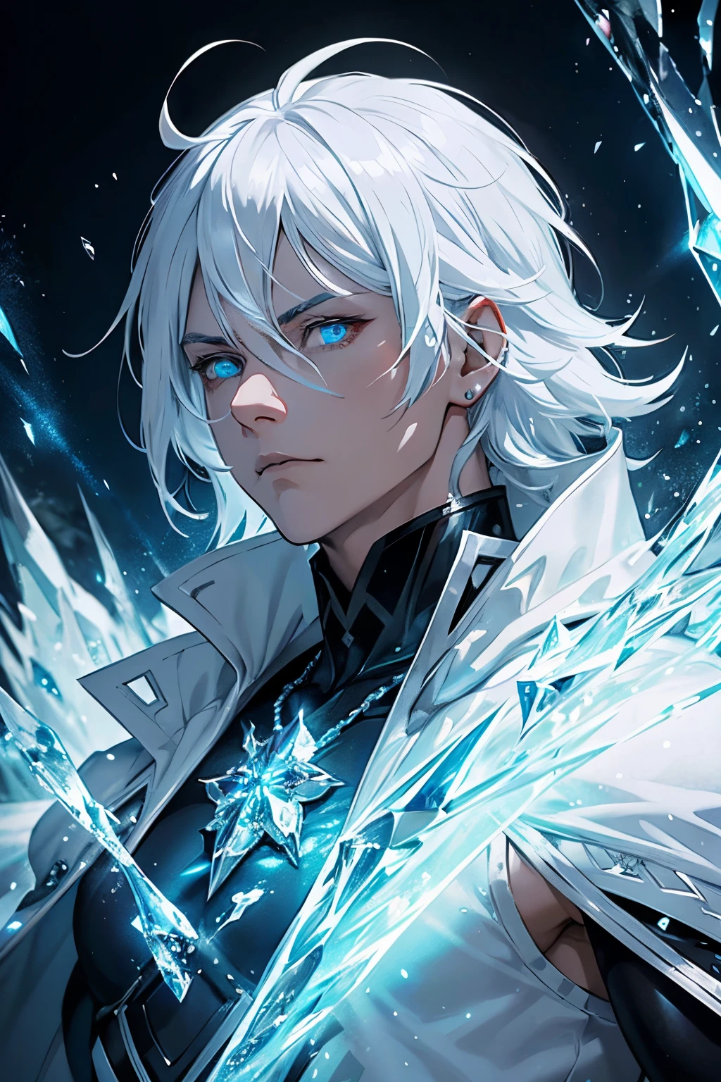 Anime style,White hair,ice style,Man's,Black Cape,(Best Quality:1.2),Ultra-detailed,Realistic:1.37,Portraits,Vivid colors,Studio Lighting,Sharp Focus,iceberg,Night time,Powerful expression,Glowing blue eyes,Frosty breath,frozen surroundings,reflective ice crystals,Elemental Magic,heroic pose,Mysterious aura