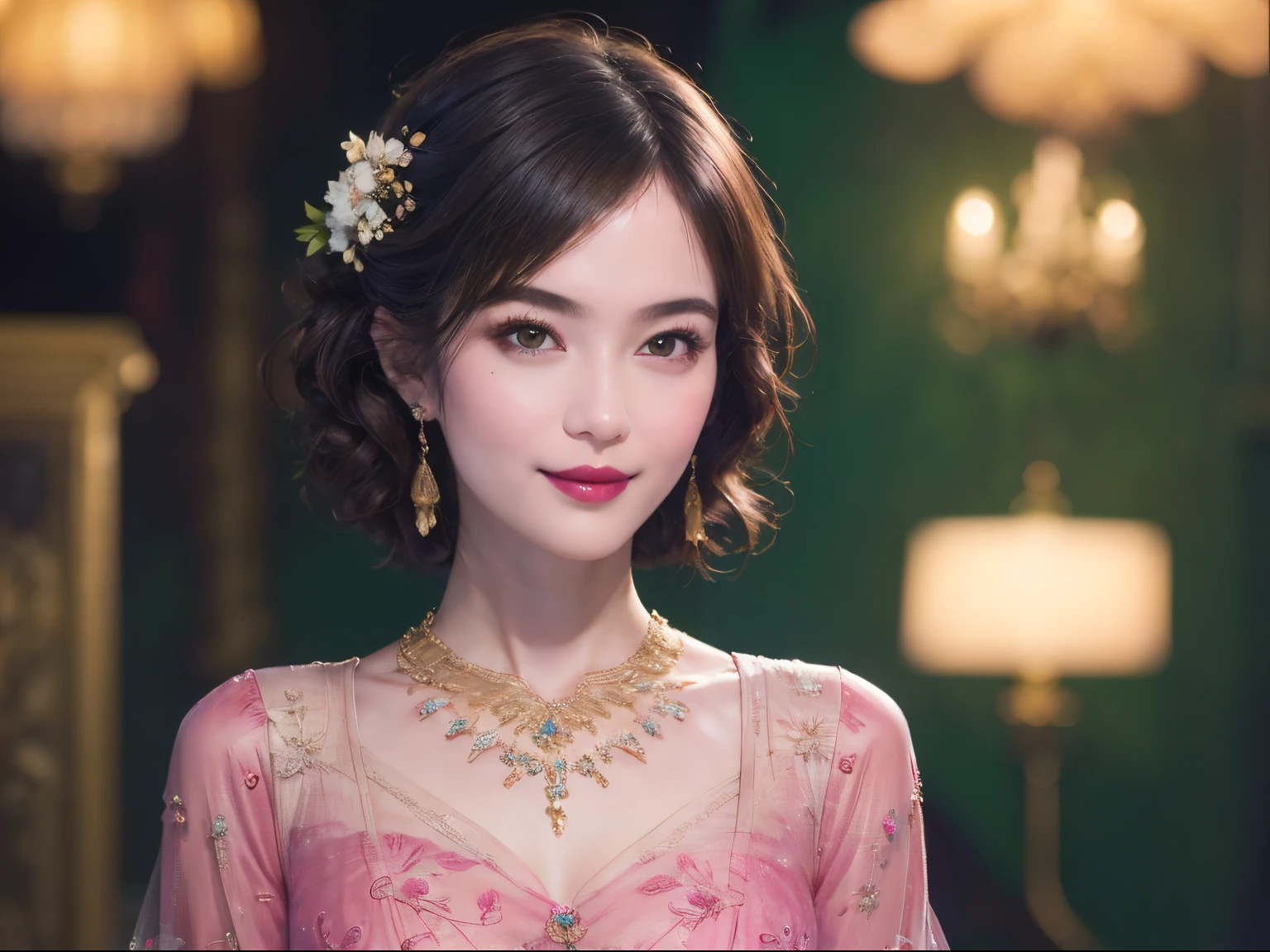 120
(a 20 yo woman,is standing), (A hyper-realistic), (high-level image quality), ((beautiful hairstyle 46)), ((short-hair)), (Gentle smile), (breasted:1.1), (lipsticks), (florals), (Luxurious room), (Depth of field is deep)