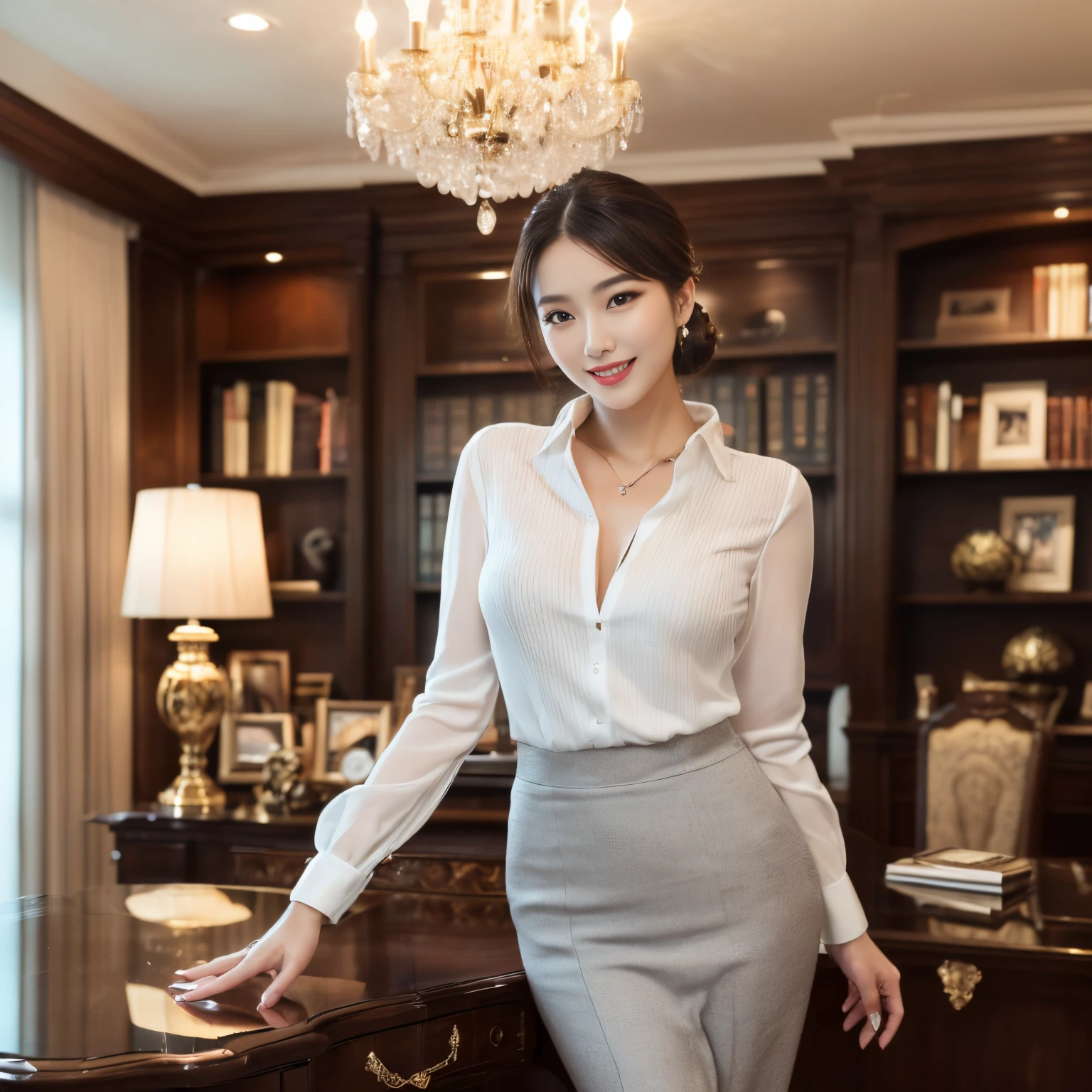 ((top-quality、masutepiece、8K、Top image quality))、((1 mature woman、She holds the most luxurious CEO position&#39;s Office、standing elegantly、Secretary with elegant posture))、(1 photo:1.5)、(Female upper body photo:1.5)、(Female cowboy shot:1.5)、(Chignon、Gray suit、White Formal Blouse)、(The most luxurious and luxurious royal VIP room、bright lighting of chandelier、The most luxurious and precise desk、The most luxurious and accurate glass showcase、the most luxurious and accurate chair、The most luxurious and accurate carpet、The most luxurious and accurate bookshelf、The most luxurious and accurate curtains)、perfect anatomia、Beautiful teeth、mournful smile、A detailed face、[[large full breasts]]、exact suit、precision blouse、A slender
