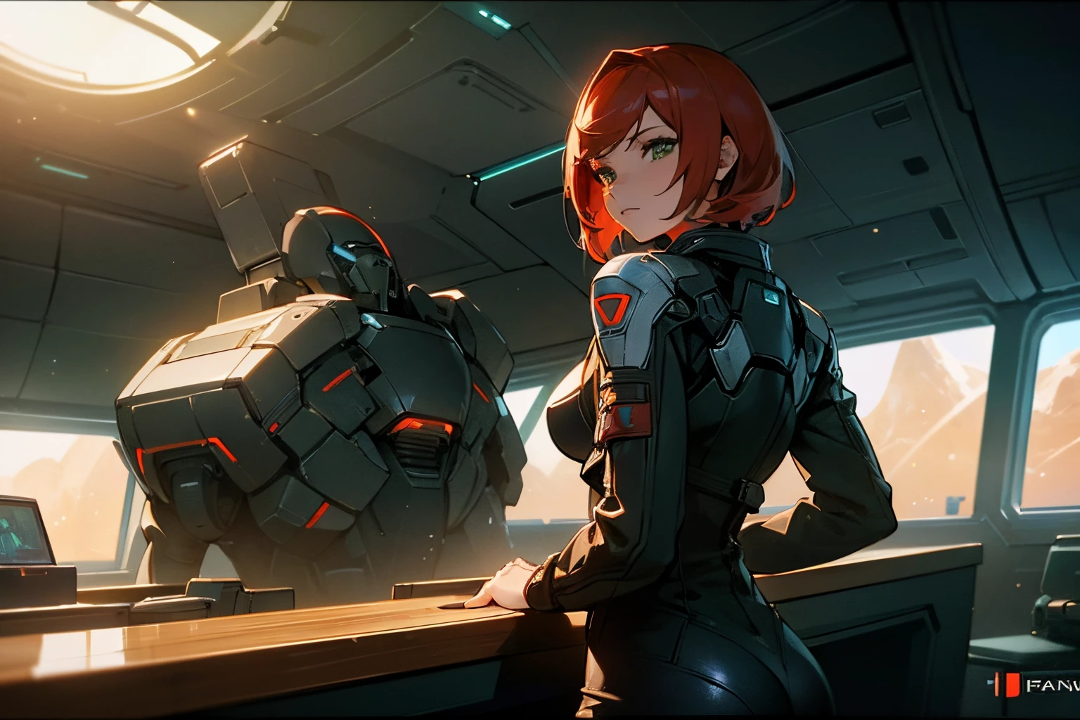 ((Best quality)), inside spaceship, console desk, looking out into space, Female shepard from mass effect series, short red hair, pale green eyes, (muscular build), wearing casual clothes, leather jacket, open jacket, breast, ass, cleavage, ((looking away from viewer)), staring out into space, stars, sun, sun flare, side shot