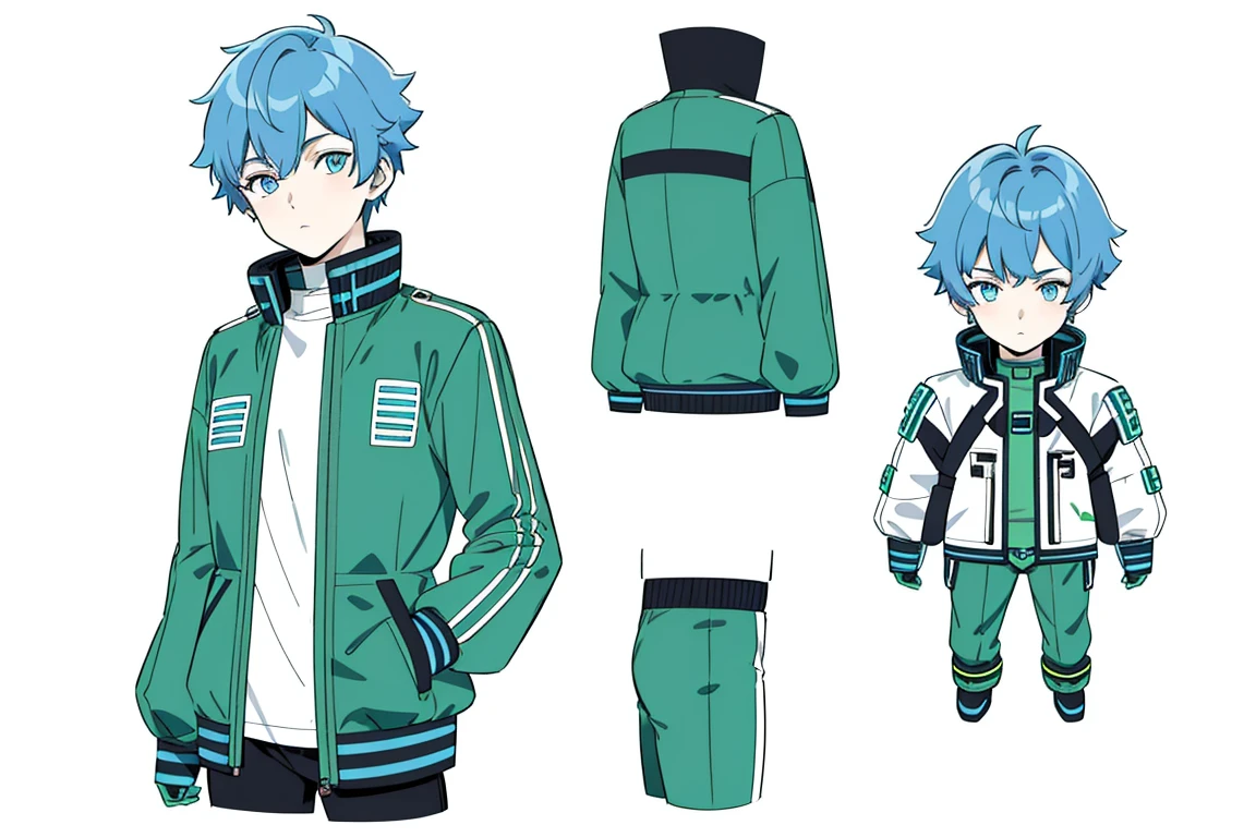 short hair with blue eyes, a science fiction style young age boy, cute face, 150 centimetres tall, wearing green jacket with cool pattern, wearing future style accessories, drawing character sheet, full body, same character at 3 angles,(simple background, white background:1.3),