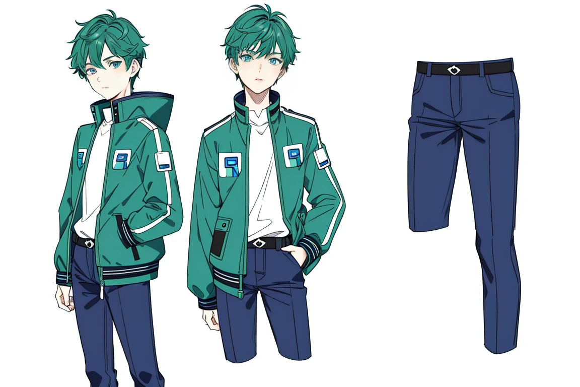 short hair with blue eyes, a science fiction style young teenage boy, cute face, 150 centimetres tall, wearing green jacket with cool pattern, wearing future style accessories, drawing character sheet, full body, same character at 3 angles,(simple background, white background:1.3),