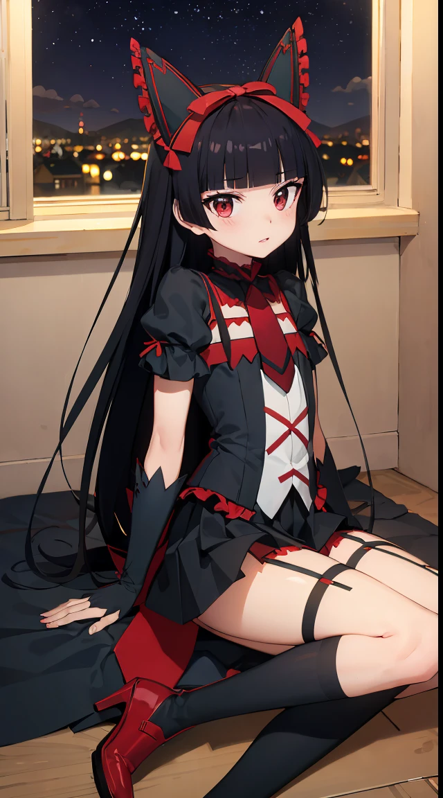 Rory Mercury, Rory Mercury, black  hair, blunt bangs, hime cut, hair ornament, red lipstick, hairlong, cute face, makeup, (small chest:1.2), (red eyes:1.5), BREAK Gothic underwear, the perfect body (little chest:1.3) Hornny,  BREAK in full growth, red shoes, BREAK Black Stockings, Black Gloves BREAK, black thighs, garter straps, gloves, gotik, Hair Bow, gothic fashion, puffy short sleeves, puffy sleeves, short sleeves, thights, thights,  BREAK of the starry night sky, night city, BREAK looks at the viewer, BREAK (Masterpiece:1.2), Best Quality, High Resolution, Unity 8k壁纸, (illustartion:0.8), (beautiful detail eyes:1.6), extremely detailed face, perfect  lighting, extremely detailed CGI, (perfect arms, perfect anatomy),