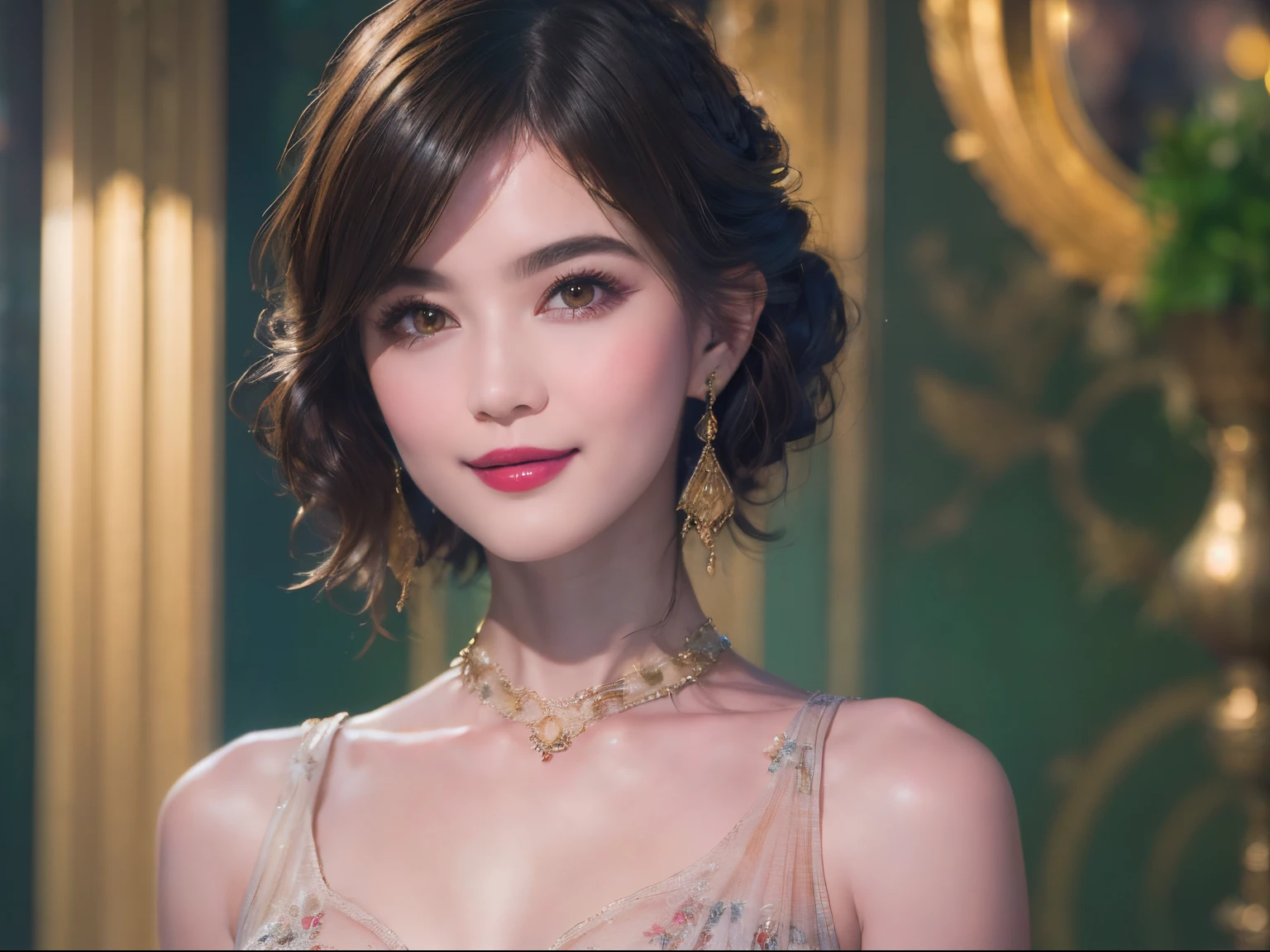 120
(a 20 yo woman,is standing), (A hyper-realistic), (high-level image quality), ((beautiful hairstyle 46)), ((short-hair)), (Gentle smile), (breasted:1.1), (lipsticks), (florals), (Luxurious room), (Depth of field is deep)