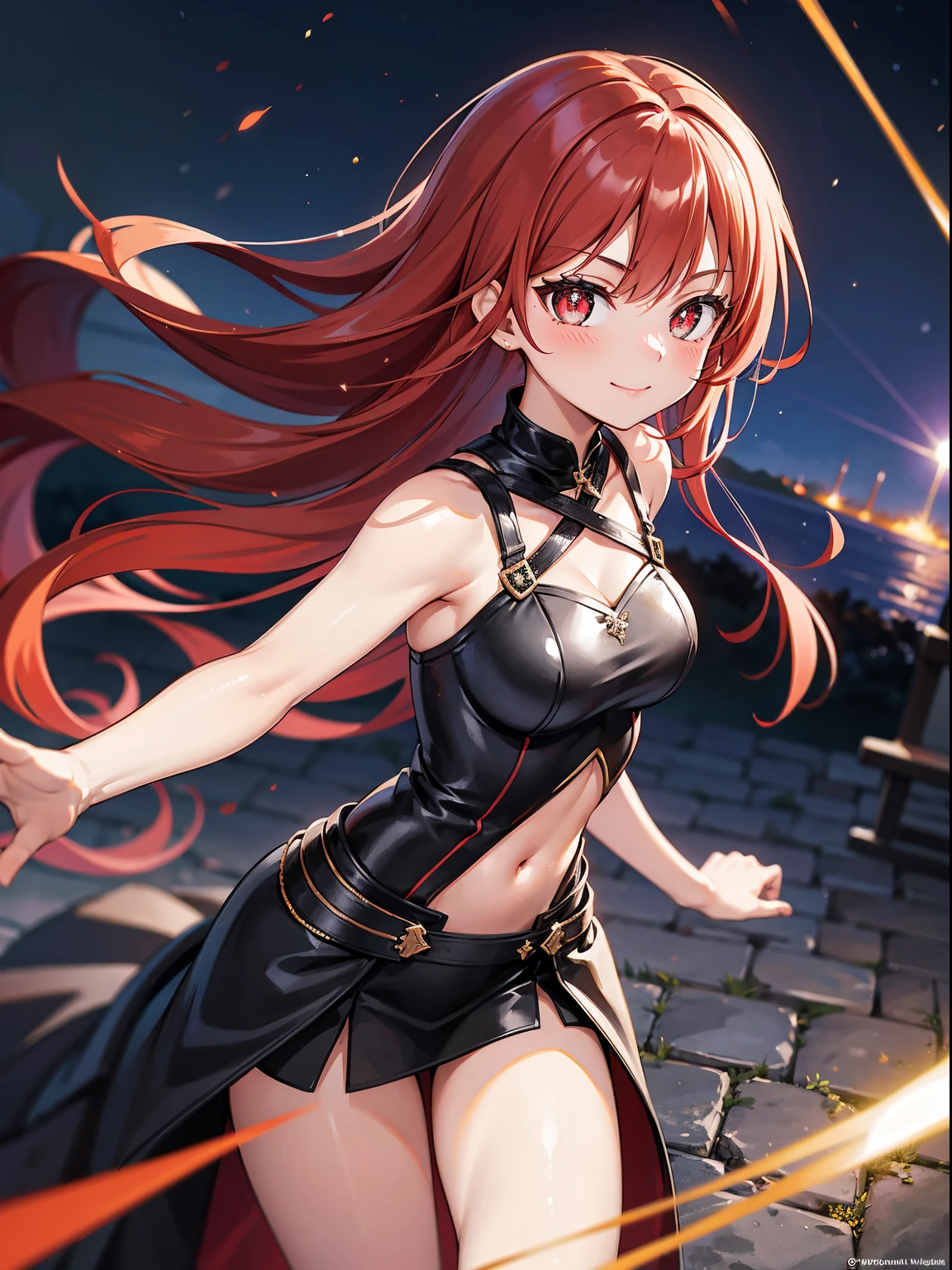 (RAW Photos, Best Quality), (animesque: 1.2), Portrait of an 18 year old woman with red hair, Red eyes, (sparkling pupils), Female Knights in Fantasy Worlds, Black Dress Armor, Navel is visible, Smiling smile, Composition looking into this, Full night sky background, Background blur, The depth of field is shallow, Professional Lighting, Photon mapping, Physically Based Rendering,