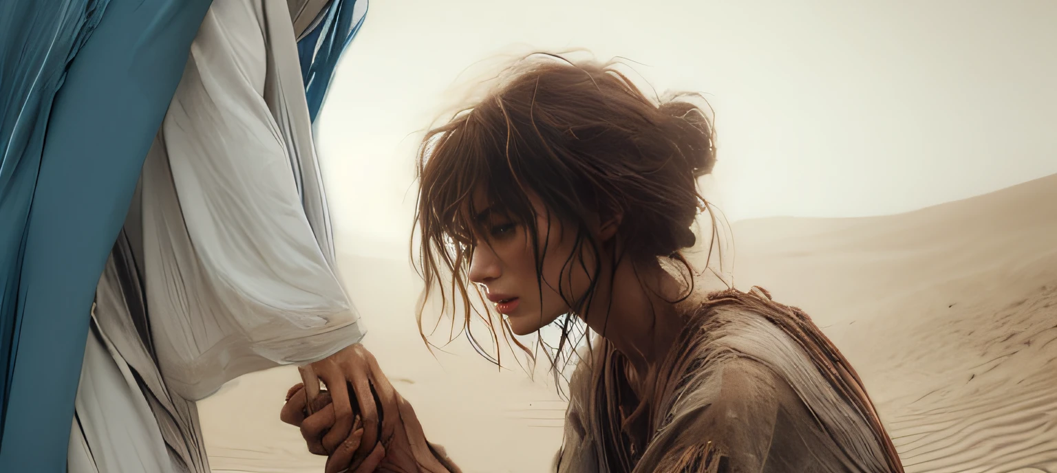 mulher arafada em um deserto segurando uma faca e olhando para um homem, cinematic digital painting, stunning digital illustration, arte do personagem charlie bowater, lindo pintura digital, pintura digital impressionante, bela arte digital, estilo de arte charlie bowater, Neoartcore e Charlie Bowater, Wojtek FUS, baixo detalhamento. pintura digital, pintura digital bonita, Estilo de Charlie Bowater