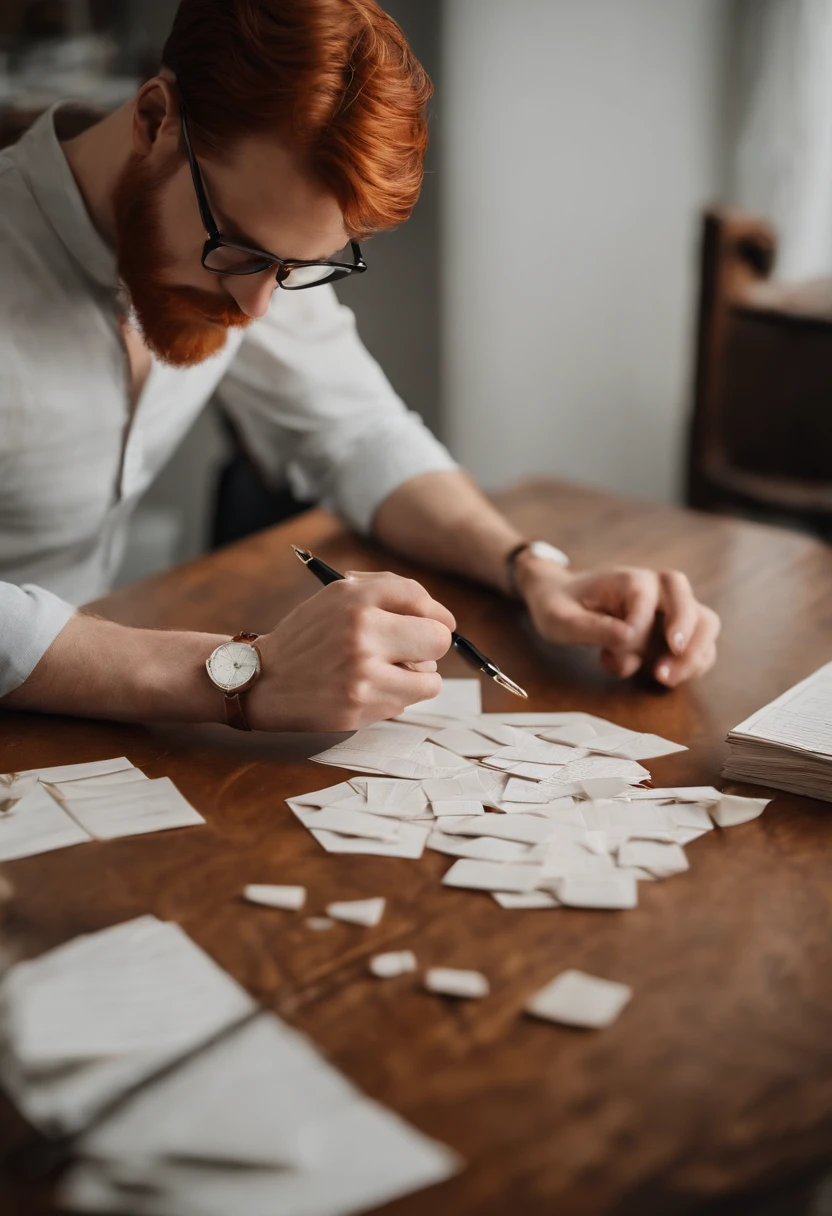 A photo of a person meticulously arranging delicate and intricate origami sculptures on a table,original,Appearance:[male, red hair, red beard, brown eyes, pale skin, square-framed glasses, button-up shirts, dress slacks, Scandinavian in appearance, thin, slender, tall]
Alternate:[male, red hair, red beard, brown eyes, pale skin, square-framed glasses, V-neck T Shirts, athletic pants, Scandinavian in appearance, thin, slender, tall]
Alternate:[male, red hair, red beard, brown eyes, pale skin, square-framed glasses, sweaters, jeans, Scandinavian in appearance, thin, slender, tall]
, male