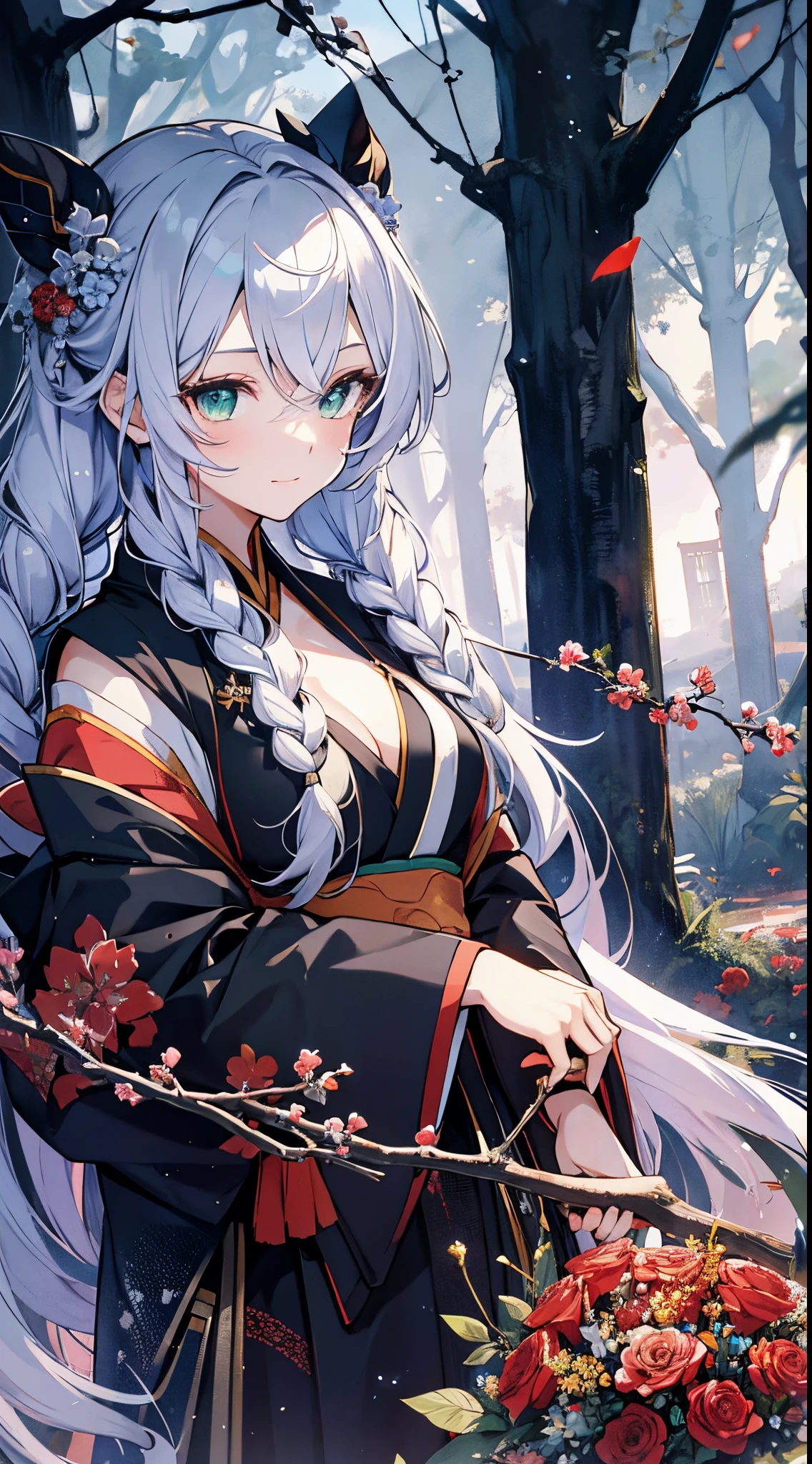((tmasterpiece:1.4, Best quality at best))+, (hyper-detailing)+, (Green-eyed:1.5)+, (Meticulous ears:1.5), (cute girls), (Classic green Hanfu:1.5), Long hair details, Long braids on both sides, (wariza:1.2), pale-skinned, (red cloth:1.5), (black long pants:1.4), wine jugs, fresh flowers, Hakuba, Chinese long sword,hunting bow, Chinese ancient city, Wandering around the market with luggage, (Ranger:1.1), (dawn light:1.2), ), (Close-up cleavage:1.1), (elevation perspective:1.3), forehead jewel, Colored inner hair, Striped hair, Sad smile, disarray's gem branch, Silver hair, first person perspective,the only person