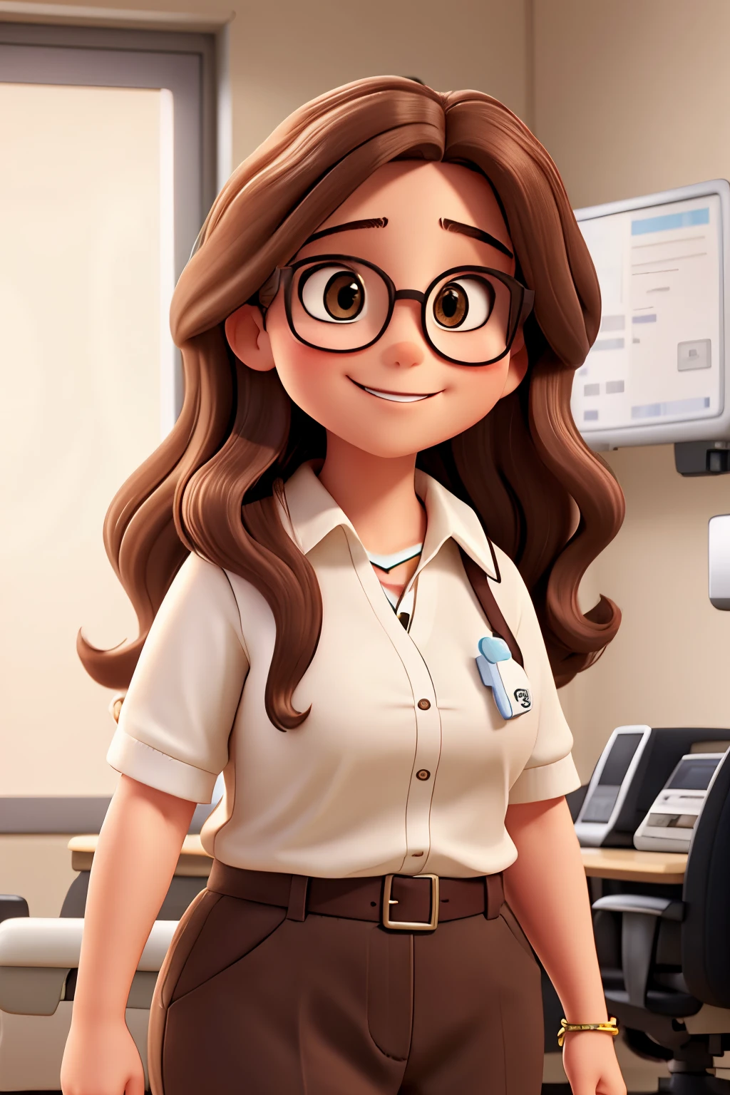 white, fat woman, long wavy brown hair, brown eyes, glasses, friendly smile está em um hospital