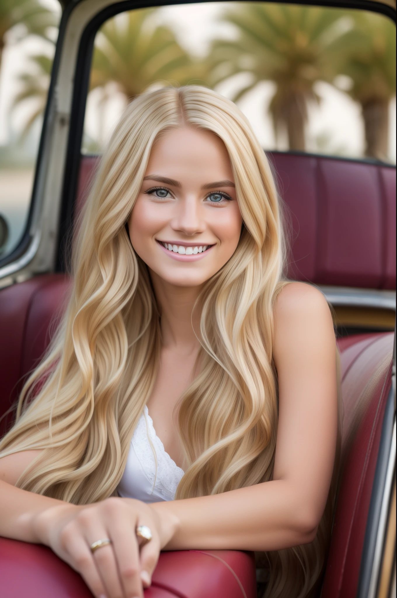 Photorealistic, very detailed, natural 21 year old blonde, long hair girl with nice friendly smile, brown eyes styled like in 60s, sitting in an old fashioned car and smile into camera, canon D1 85mm, background palmtrees bokeh --auto --s2
