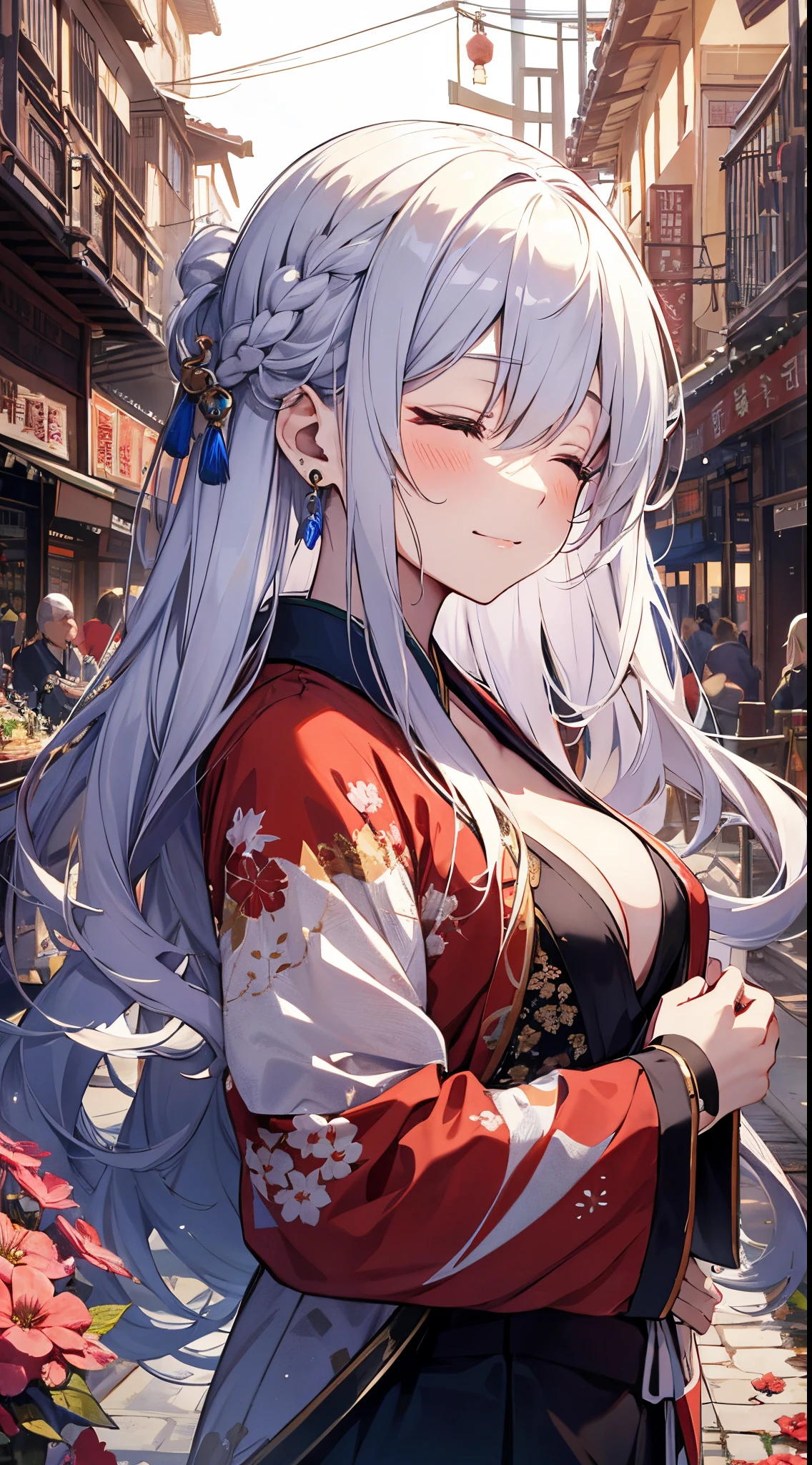 Only one girl, 1girl, wearing traditional gold Chinese clothing, milky white hair, heart red eyes, in Chinatown, wearing glasses, looking at the viewer, smile, peace sign