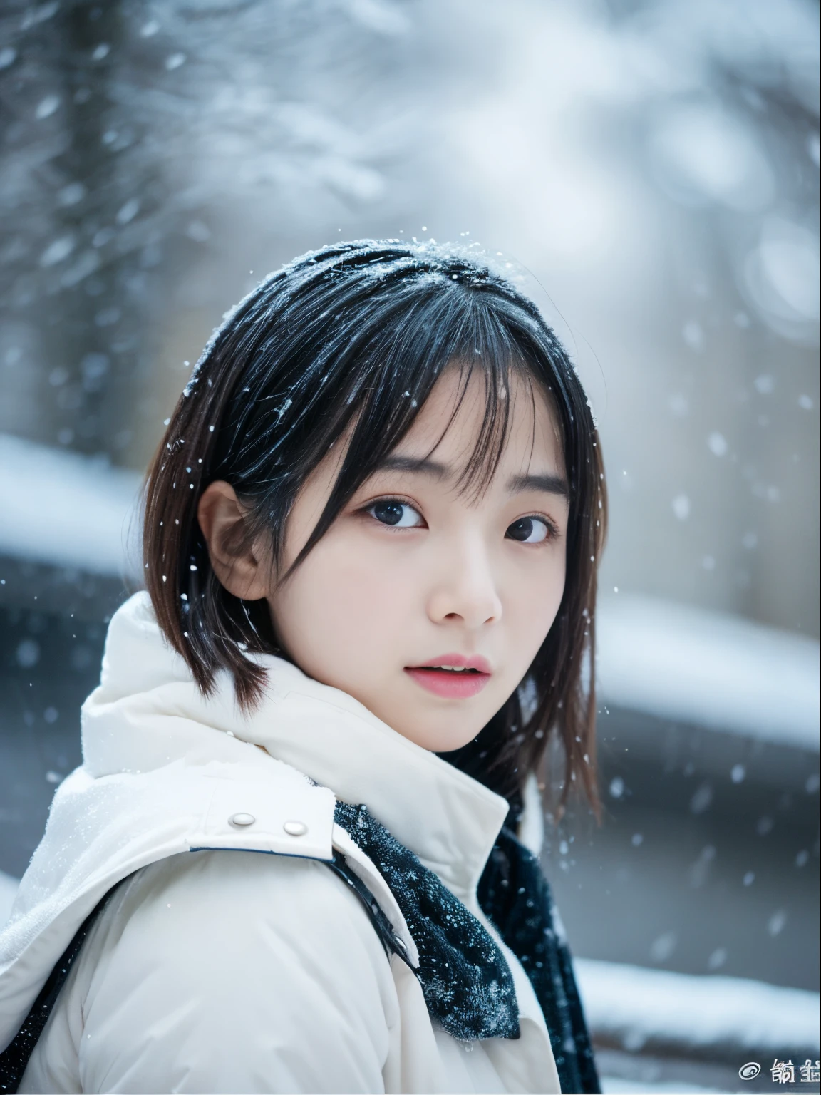 While watching the snow falling quietly. Her introspective and tearful expression、Makes you feel longing and melancholy for winter nights。。、top-quality、hyper HD、奈良美智, Japanese Models, Beautiful Japan wife, With short hair, 27-year-old female model, 4 k ], 4K], 27yo, sakimichan, sakimichan