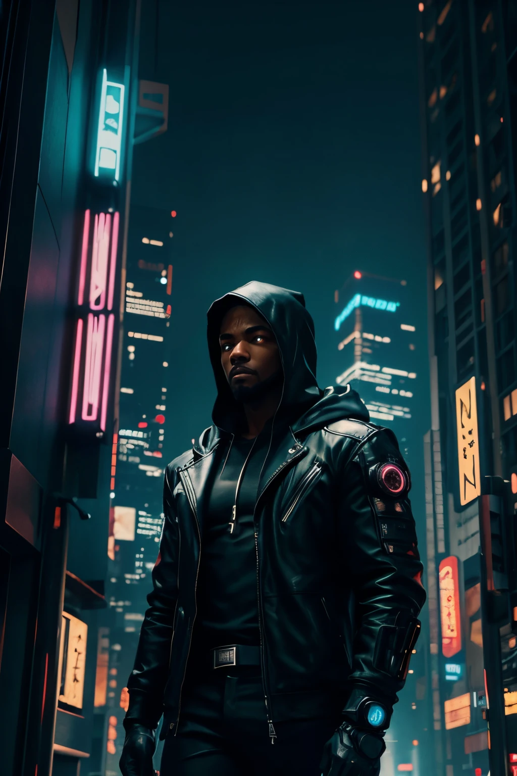 cyberpunk black man and black hood in a cyberpunk city with buildings illuminated at night