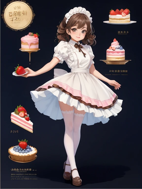 1girl in、A smile、A delightful、skirt by the、(small tits) chilarism、doress、aprons, maid, brunette color hair、hair adornments、sport、Black stockings,detailed pouty cute lips, gold detail chain, wearing a detailed cute striped pink white and brown pastel color ruffle maid dress, medium size breast accentuate her model figure, curvy petite maid, highly detailed short small 5 fingers on each hand, 2 arms, she is holding detailed delicious cute cream cake with decorated royal icing blueberries cute detailed sliced strawberries, vibrant colors, perfectly detailed 2 legs, knee high stockings on 2 legs, standing in a dyanmic pose holding cake,small cute strawberry, detailed dessert, detailed cupcake, lineart inspired by Naoko Takeuchi, instagram, makeup, ice cream, けもの, cover art, cover illustration, (((highly detailed cute dessert and cake))), awesome, BREAK bakery, Simple, Ultra detailed, black background, Detailed drawing, vectorised, digital illustration, conceptual art, Silhouette, 8K, flat lighting, no signature, no logo,