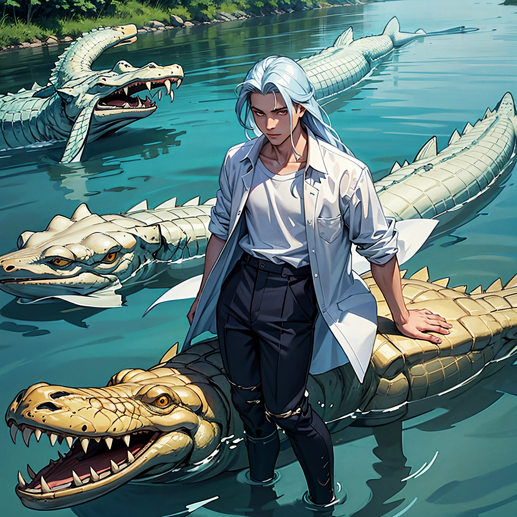 A 16 year old boy, 160 cm tall with a white shirt, light blue long hair and golden eyes, was in a river with crocodiles surrounding him.