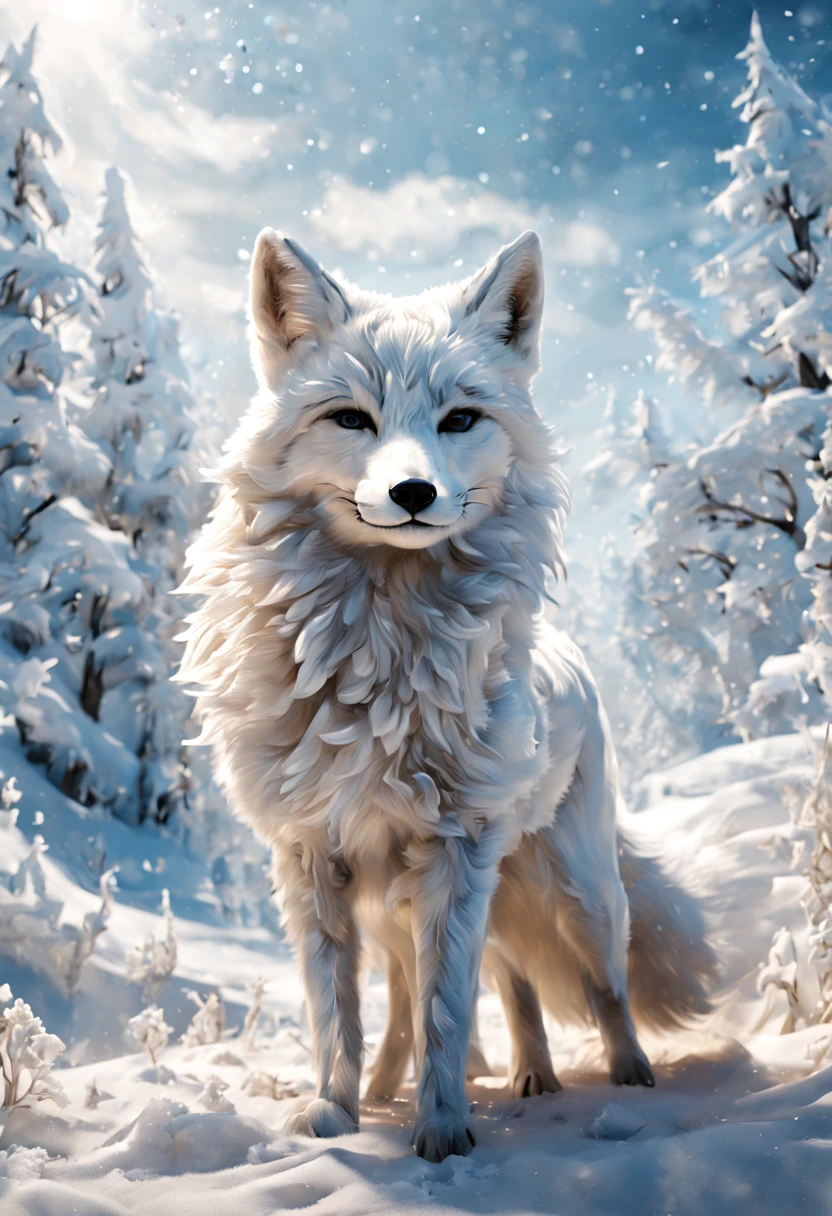 (snow art, snow theme:1.4), (by Don Bluth:1.2), dynamic illustration of A white fox, snow field, fantasy art, dreamy, (best composition), ultra-wide-angle, octane render, enhance, intricate, (best quality, masterpiece, Representative work, official art, Professional, unity 8k wallpaper:1.3)