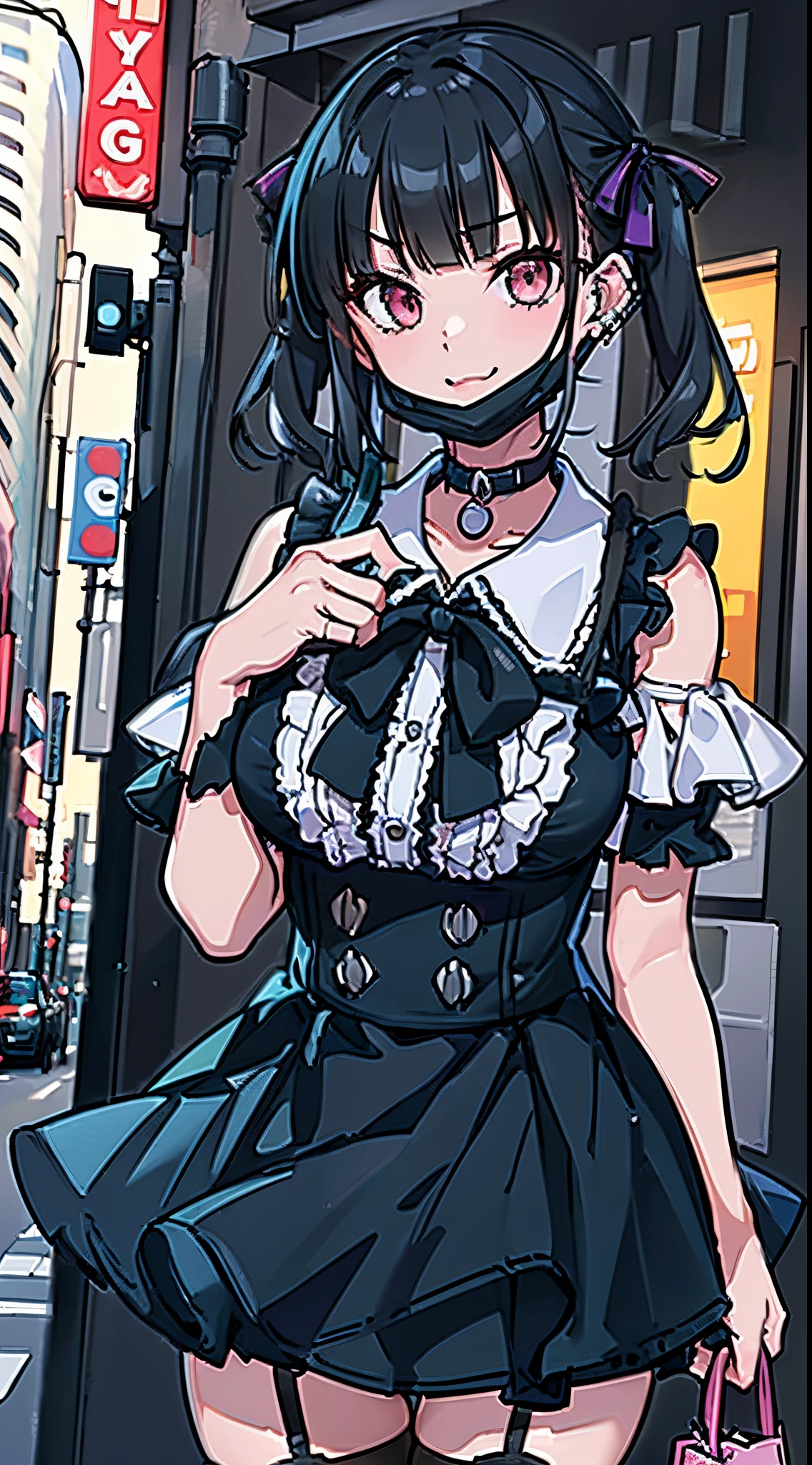 (8K、Top image quality、top-quality、masterpiece)、1 girl in、A dark-haired、short-hair、(Twin-tailed)、waved hair、blunt bangs、Gray eyes、piercings、evilsmile、mask_pull、Moderately breasts、Pink ruffled clothes、off shoulders、a black ribbon、Black miniskirt、fishnet tights、(jirai kei attire)、cowboy shot、((natta))、Downtown background