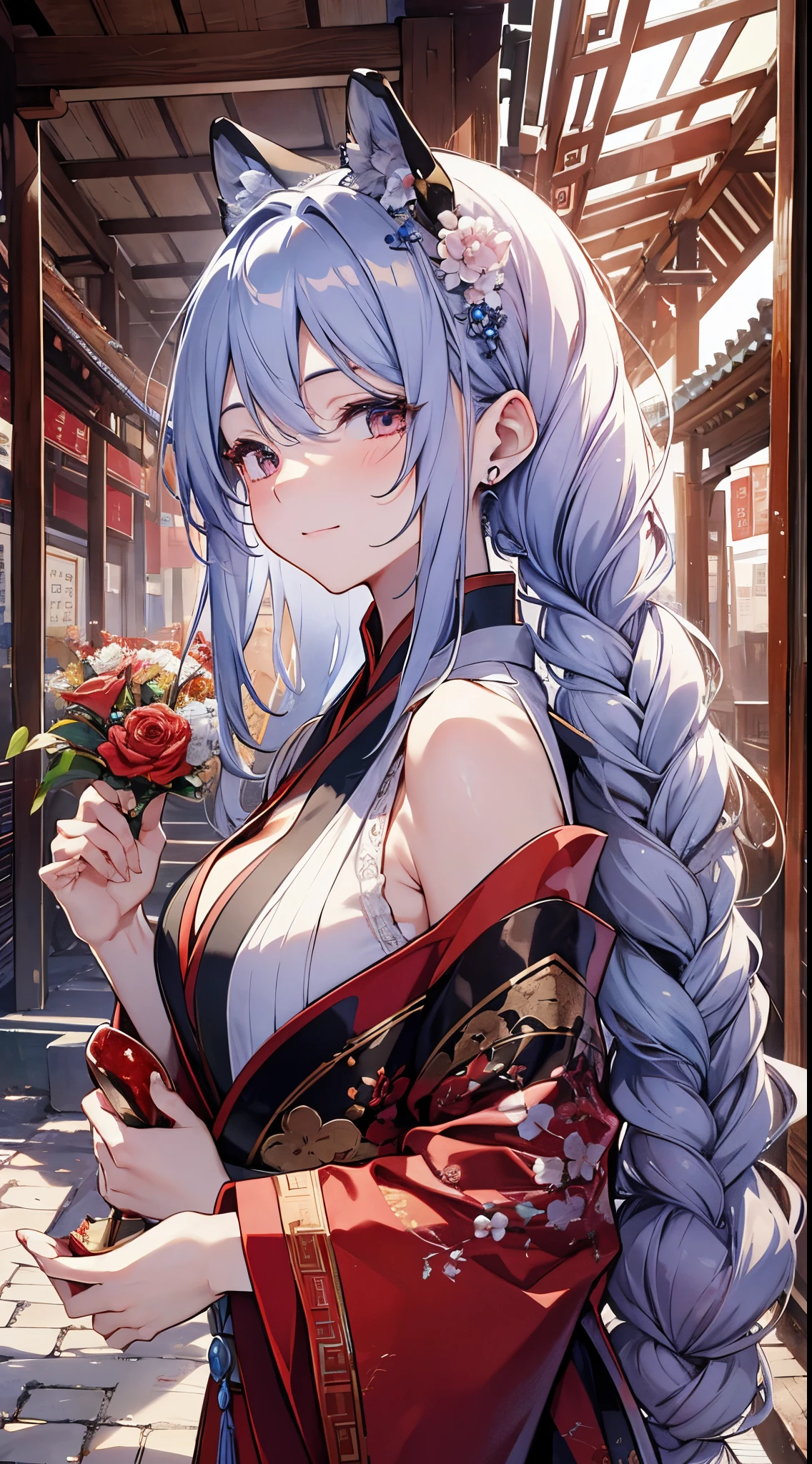 （（tmasterpiece：1.4, Best quality））+, （hyper-detailing）+, （closing her eyes：1.5）+, Blind girl，（Meticulous ears：1.5）, （cute girls）, （Classic green Hanfu：1.5）, Long hair details, Long braids on both sides, （wariza：1.2）, pale-skinned, （red cloth：1.5）, （black long pants：1.4）, wine jugs, fresh flowers, Guqin, Chinese ancient city, Wandering around the market with luggage, （Ranger：1.1）, （dawn light：1.2）, ）, （Close-up cleavage：1.1）, (elevation perspective:1.3), forehead jewel, Colored inner hair, Striped hair, Sad smile, disarray&#39;s gem branch, silber hair, first person perspective，the only person