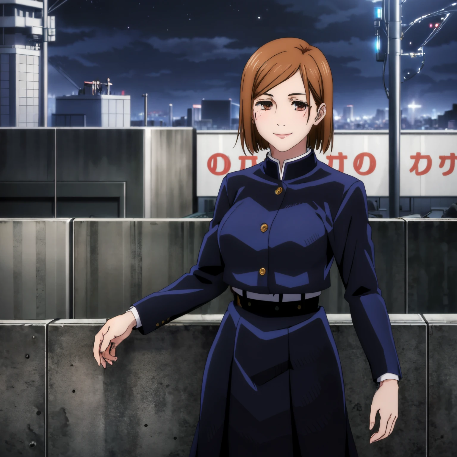 masterpiece,high quality,solo,
NobaraKugisaki,1girl,
gakuran,cropped jacket,
belt,high-waist skirt,
blush,looking up,closed mouth,smile,scene reference,looking to the side,parody,
city,night,rooftop,city lights,