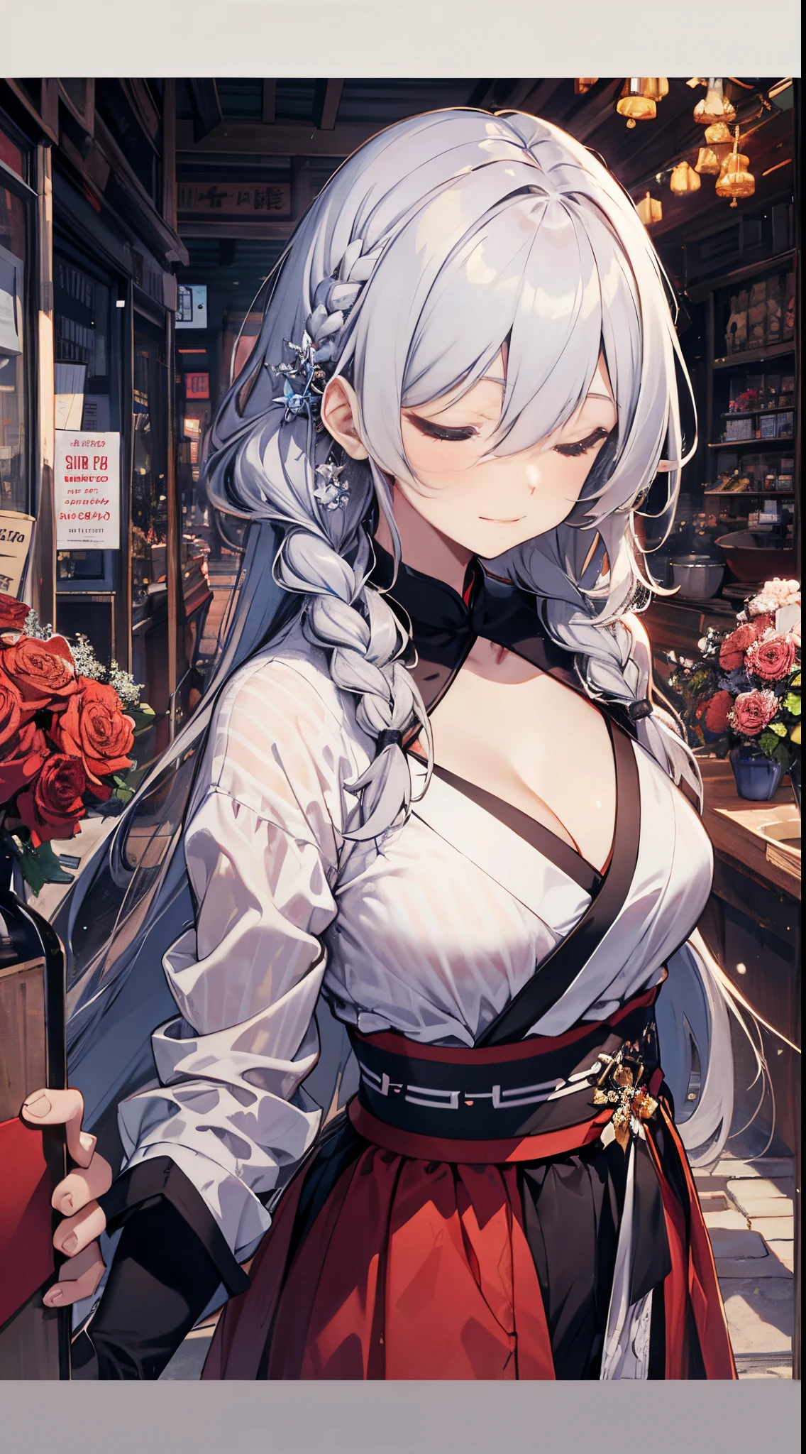 ((tmasterpiece:1.4, Best quality at best))+, (hyper-detailing)+, (Close her eyes:1.5)+, Blind girl,(Meticulous ears:1.5), (cute female child), (Classic green Hanfu:1.5), Long hair details, Long braids on both sides, (wariza:1.2), pale-skinned, (red cloth:1.5), (black long pants:1.4), wine jugs, fresh flowers, lute, long wooden cane,Chinese ancient city, Wandering around the market with luggage, (Ranger:1.1), (dawn light:1.2), ), (Close-up cleavage:1.1), (elevation perspective:1.3), forehead jewel, Colored inner hair, Striped hair, Sad smile, disarray's gem branch, silber hair, first person perspective,the only person
