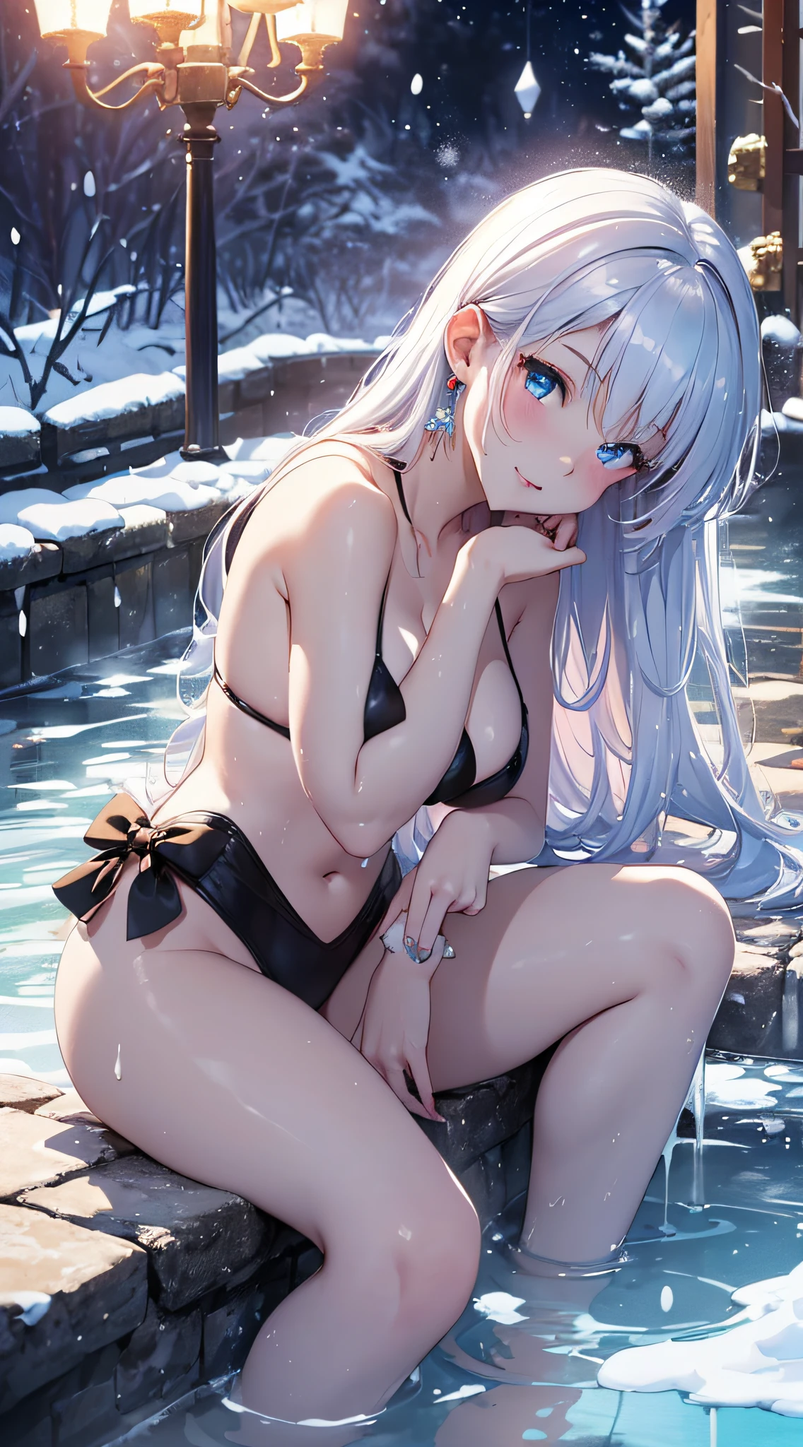 top-quality、Top image quality、masterpiece、girl with((black bikinis、White trousers、sixteen years old、 ager、cute little、Best Bust、Medium bust,Beautiful light blue eyes、Breasts wide open, a blond、A slender,Large valleys、belligerent movements,dye one's cheeks red、shivering、sapphire earrings、close to viewer、White breath、bare-legged、Laugh、Making a heart mark by hand、Take a full body bath、Get closer to your audience)),hiquality、Beautiful Art、Background with((Open-air bath at night、snowflakes falling、Heavy snow falls、snowman、ice tower、Sake)))、masutepiece、depth of fields,8K