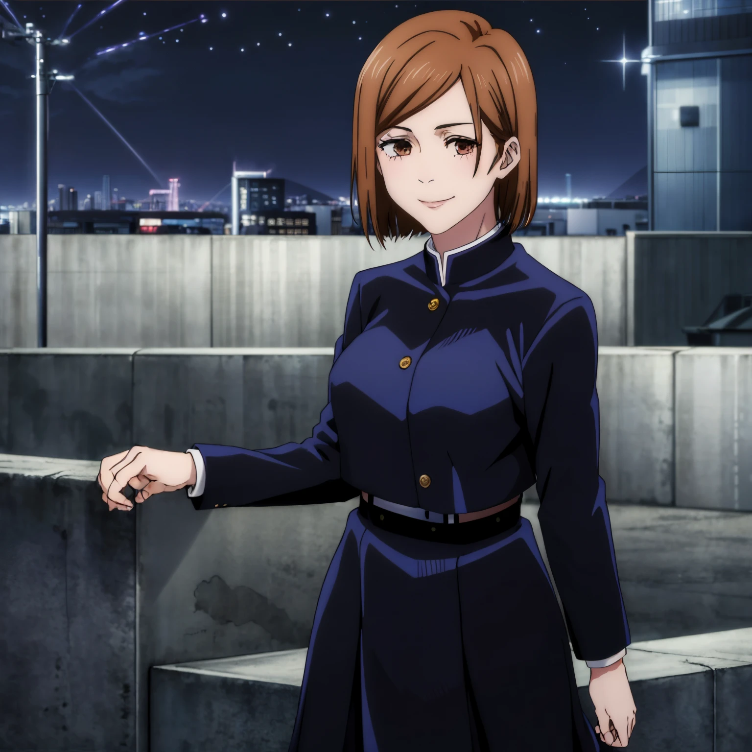 masterpiece,high quality,solo,
NobaraKugisaki,1girl,
gakuran,cropped jacket,
belt,high-waist skirt,
blush,looking up,closed mouth,smile,scene reference,looking to the side,parody,
city,night,rooftop,city lights,