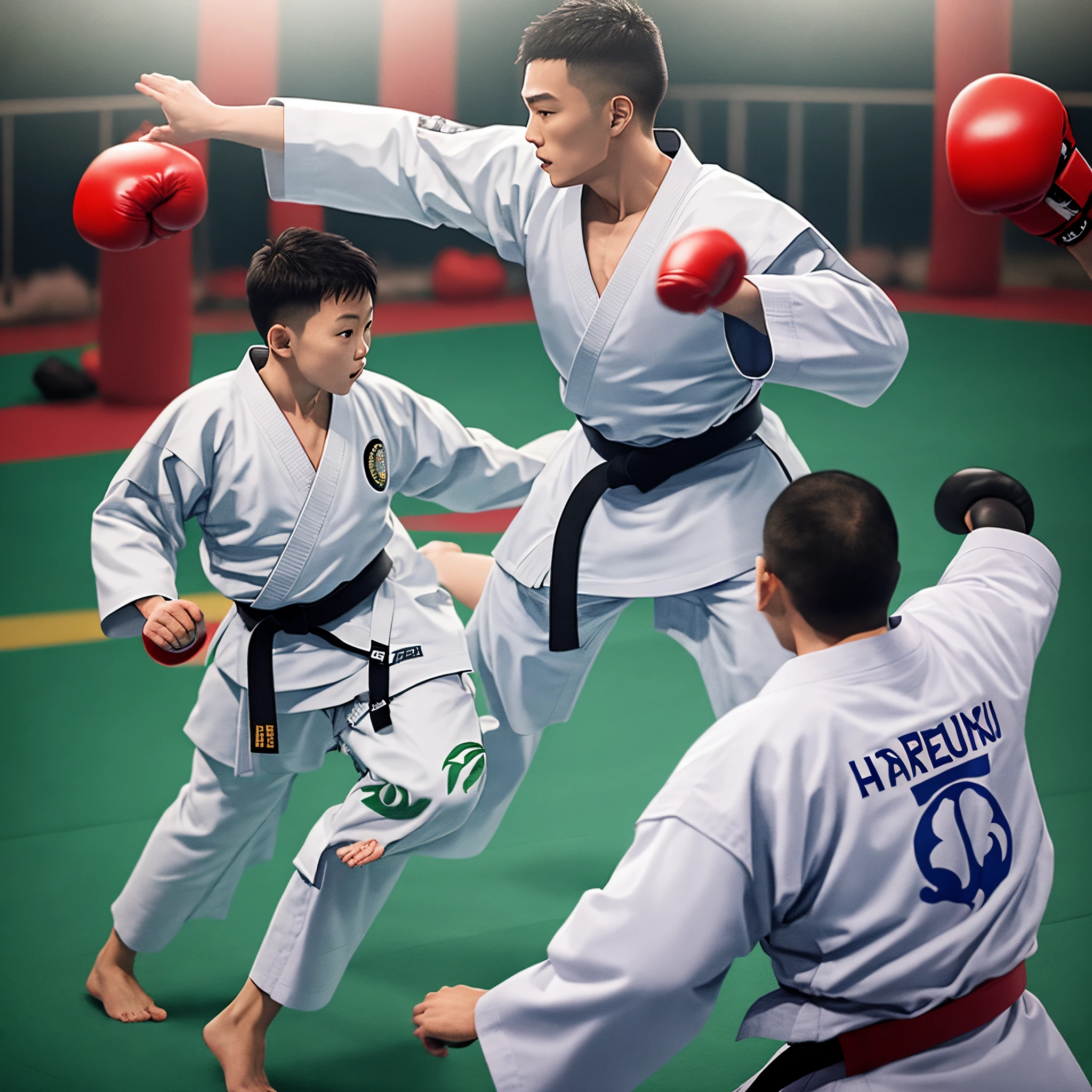 do a karateka of Japanese descent with the Brazilian flag on your shoulder, fundo verde e a escrita "You will see that your son does not run away from the fight" @guilhermehiratapersonal