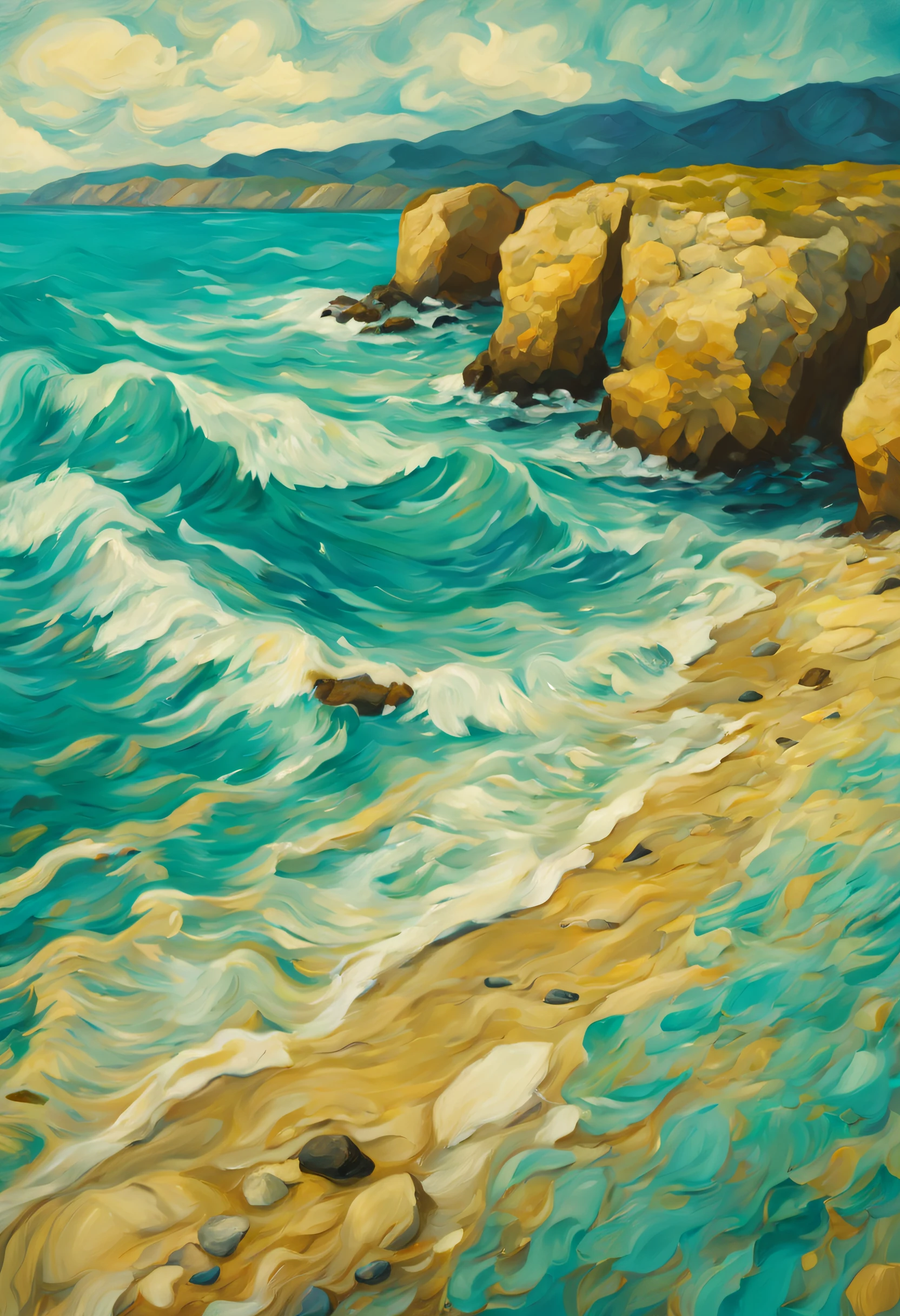 8K painting in the style of Van Gogh starry night of top down view of turquoise sea water with white waves hitting the golden shoreline with submerged rocks and sandstone beach. Sea water on one side and beach on another.