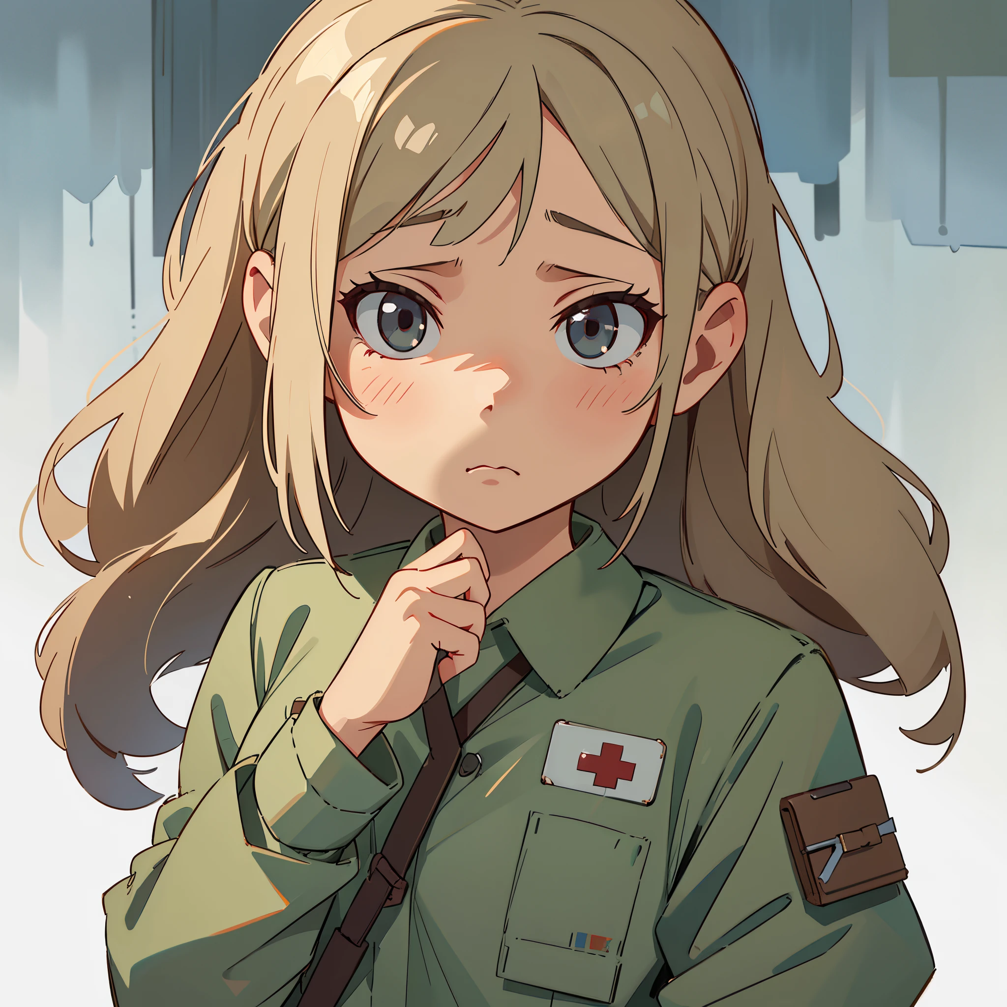 Only one girl, 1girl, wear medical uniforms, bring a medicine box, sad, gloomy vibe, in the army camp, , best quality, smooth color, amazing detail, smooth gradation