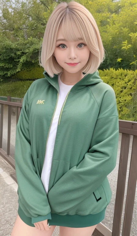 (Best Quality, in 8K, 32K, masutepiece, nffsw:1.3), Pottery muscle,a 25yo woman,bright ash green hair: 1.1,SupportBob Hair,unique mesh, (Upper and lower sweatshirts,parka: 1.1),  Photography Studio, Ultra-detailed face,  Detailed eyes, 二重まぶた,Sareme,Gentle eyes,Strong eyes,long eyelashes,Proud expression,a smile,a cool,Makeup thick,cheerful,gentle,adult-like,calm look