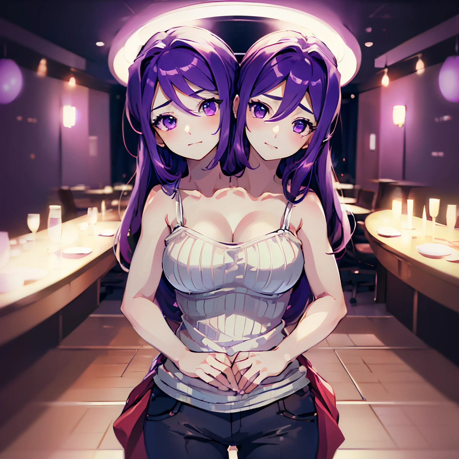 (highest quality, amazing details: 1.25), medium breasts, detailed eyes, detailed face, (2heads:1.5), 1girl, anime girl with two heads, purple hair color, casual look, tank top, pants, two women in love, shy