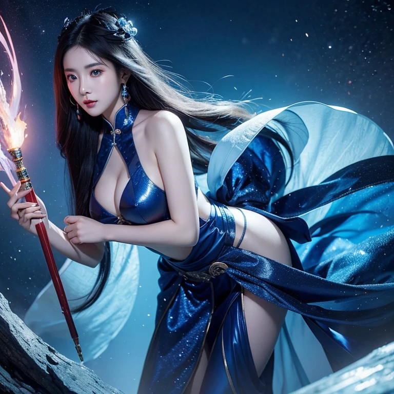 Fantasy novel style Chinese woman 20 years old Chinese ancient fantasy space,Blue element, pretty eyes, Cherry mouth,Bigboobs,White skin of the