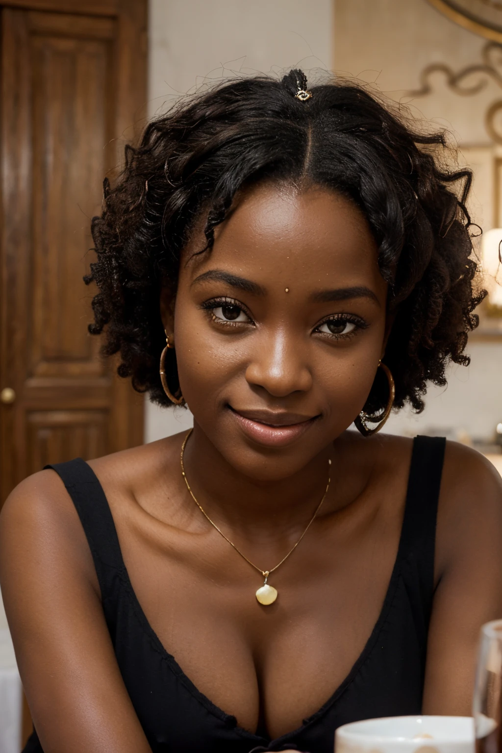Une jeune fille noire Africaine,noire chocolat, etnie bamileke, Visage,doux et mignon,Un doux sourire,Désir pur,Mince stature,(La rue),(Inclinez la tête),Regarder droit dans la caméra, vêtement traditionnel Africain, Force intérieure, formel,Noir soyeux long, cheveux Afro,Le grand, Rond, L’œil,grands yeux marrons,Lèvres rose hydratées,sucré,beau collier,Boucles d'oreilles délicates,assise dans un restaurant, Cameroun ville de Yaoundé, Cameroun. miss cameroun