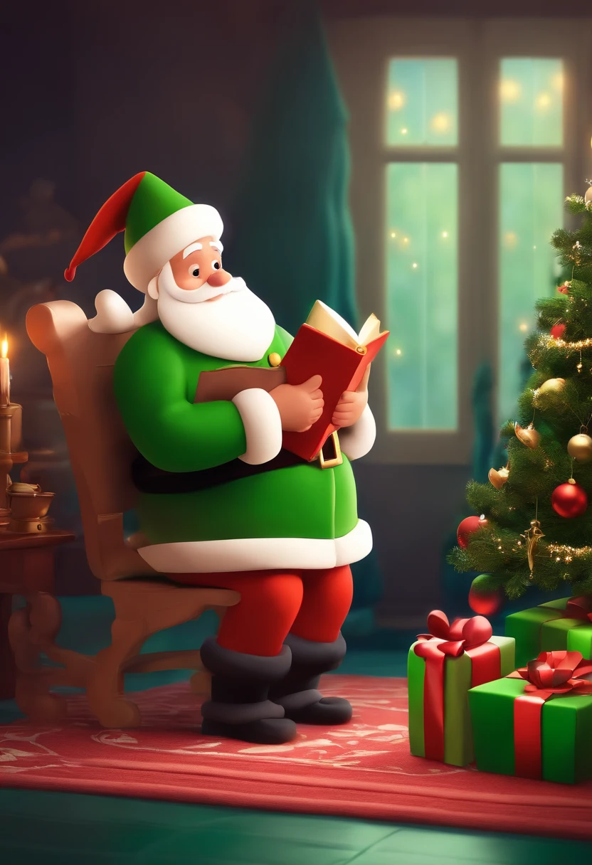 Um pequeno Papai noel sentado, com semblante de choro, em amgiente totalmente limpo, fundo verde cromakey, Disney Pixar Style Illustration.