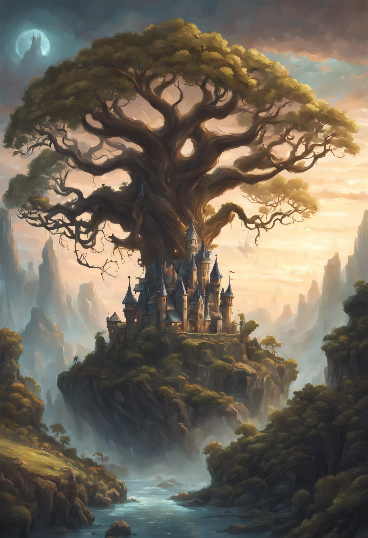 Positive prompt:
Generate a breathtakingly ethereal fantasy concept art featuring the depths of an ancient gnarled tree, with its twisted branches reaching out to embrace a magnificent celestial enchanted fairy castle nestled amongst them, dim eerie light cast by the castle should illuminate both the corrupted tree and its dark surroundings, creating an ominous yet captivating atmosphere. Emphasize the painterly style of Andreas Rocha and H.P. Lovecraft to infuse this artwork with a sense of otherworldliness and mystery. Ensure that every element in this masterpiece is rendered with ultra-realistic high quality and highly detailed textures for maximum realism, making it perfect as cover art or simply an epic piece of fantasy art.