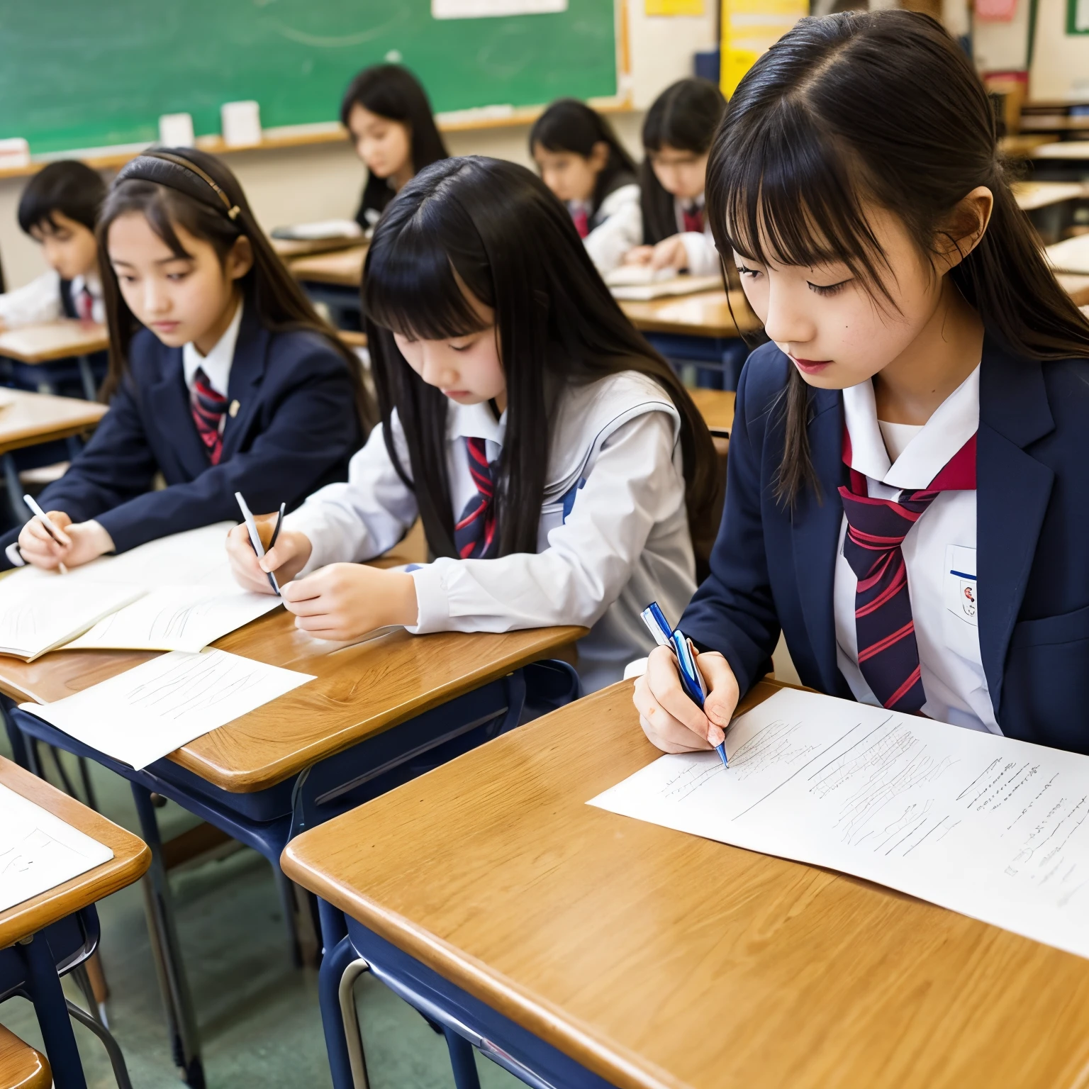 In the classroom、Several junior high school students wearing sailor suits are drawing on paper.
