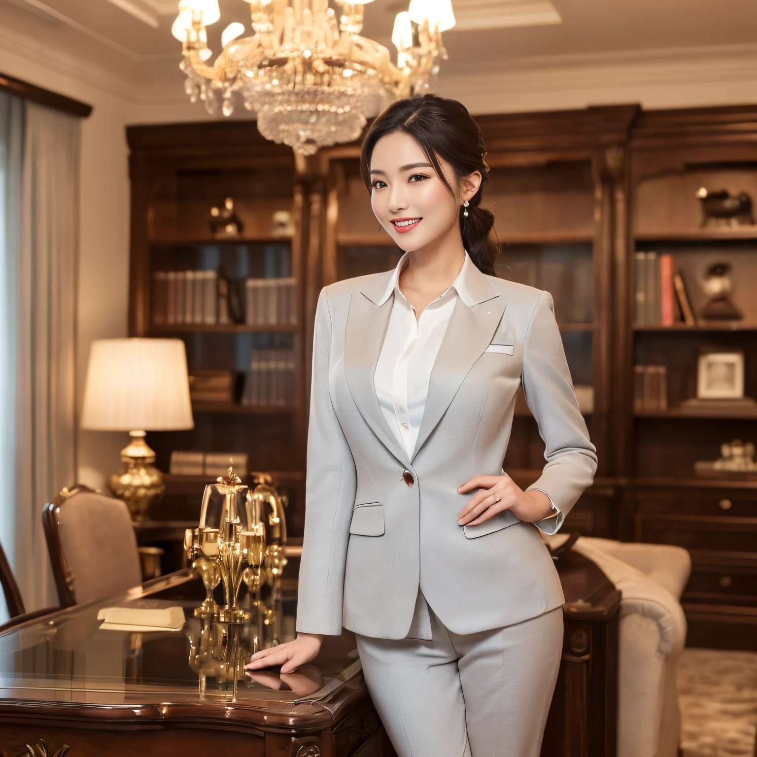 ((top-quality、masutepiece、8K、Top image quality))、((1 mature woman、She holds the most luxurious CEO position&#39;s Office、standing elegantly、Secretary with elegant posture))、(1 photo:1.5)、(Female upper body photo:1.5)、(Female cowboy shot:1.5)、(Chignon、Gray suit、White Formal Blouse)、(The most luxurious and luxurious royal VIP room、bright lighting of chandelier、The most luxurious and precise desk、The most luxurious and accurate glass showcase、the most luxurious and accurate chair、The most luxurious and accurate carpet、The most luxurious and accurate bookshelf、The most luxurious and accurate curtains)、((perfect anatomia))、Beautiful teeth、mournful smile、A detailed face、[[large full breasts]]、((exact suit、Precise blouse))、A slender