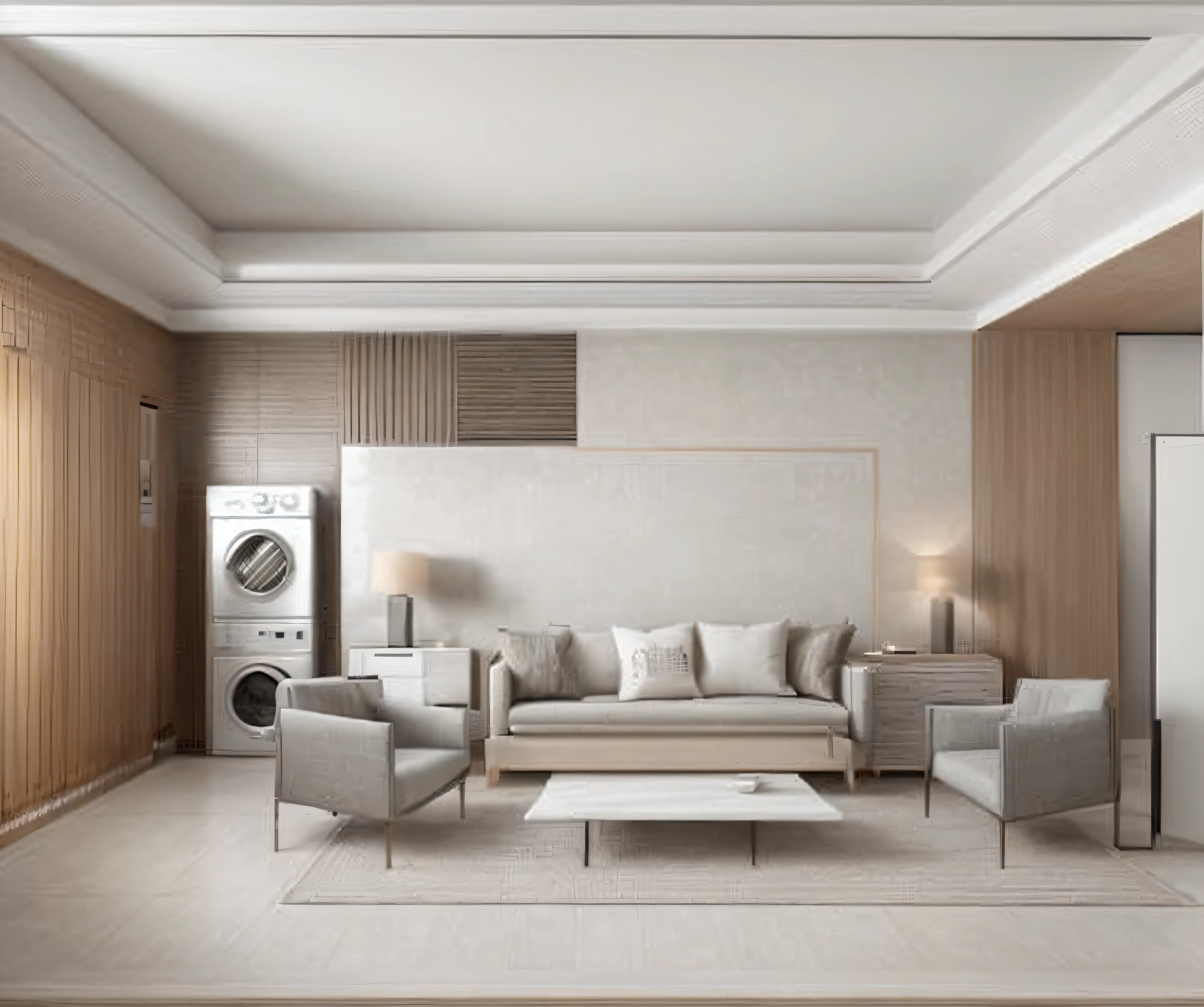 Alafid living room with sofa, a chair, Coffee table and washing machine, luxury hd render, dairy factory, luxury condo interior, interior living room, excellent 3d render, luxurious environment, Interior of the living room, Fundo sala de estar, Home interior, living room interior, beautiful 3d render, Professional 3D rendering, elegant rendering, photorealistic room