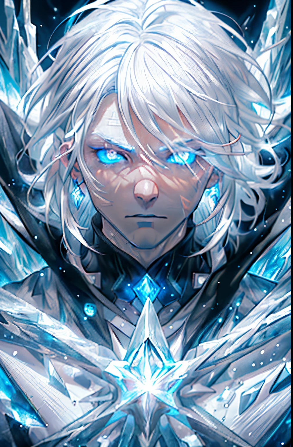 Anime style,White hair,ice style,Man's,Black Cape,(Best Quality:1.2),Ultra-detailed,Realistic:1.37,Portraits,Vivid colors,Studio Lighting,Sharp Focus,iceberg,Night time,Powerful expression,Glowing blue eyes,Frosty breath,frozen surroundings,reflective ice crystals,Elemental Magic,heroic pose,Mysterious aura
