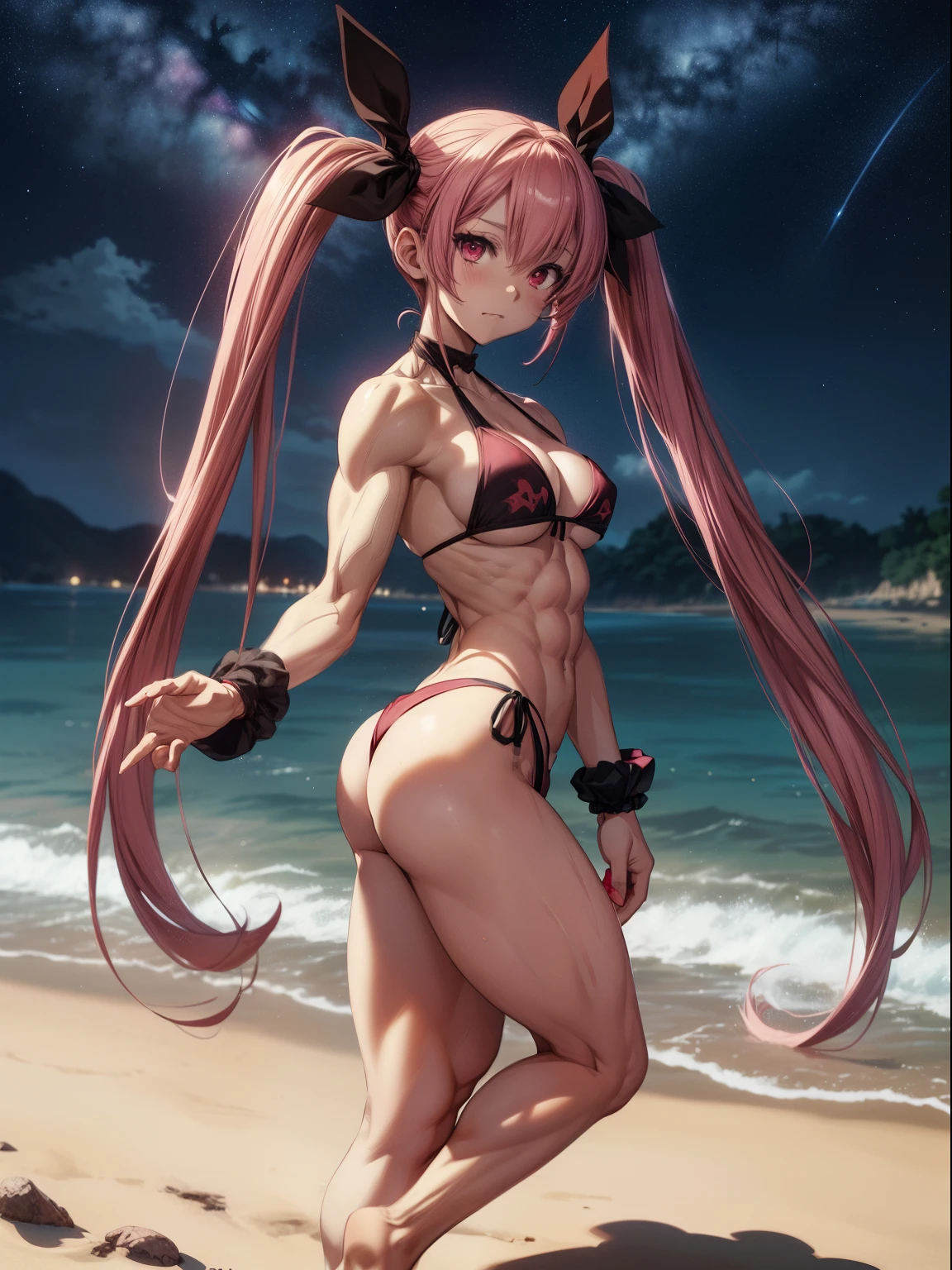 1 girl, (medium breasts))), (((wearing short bikini))), (long pink hair), (((red eyes))), thin arms, (on the beach at night with starry sky and full blood moon ), (slim waist), (((muscular legs))), muscular belly, bare feet, (((showing her big ass to me))), (full body photo), (red eyes, (twintails), long eyes, reflex eye, bad mood, anime, anime style, ray tracing, glow, drop shadow, panorama, Sony FE, 8k, UDisk, masterpiece, accurate, anatomically correct, Super detail, best quality, ultra high resolution , UDisk hard, 16k