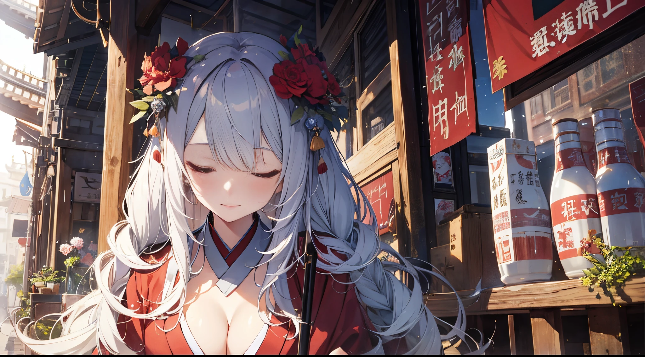 （（tmasterpiece：1.4, Best quality at best））+, （hyper-detailing）+, （Close her eyes：1.5）+, Blind girl，（Meticulous ears：1.5）, （cute girls）, （Classic green Hanfu：1.5）, Long hair details, Long braids on both sides, （wariza：1.2）, pale-skinned, （red cloth：1.5）, （black long pants：1.4）, wine jugs, fresh flowers, lute, long wooden staff，Chinese ancient city, Wandering around the market with luggage, （female store manager：1.1）, （dawn light：1.2）, ）, （Close-up cleavage：1.1）, (elevation perspective:1.3), forehead jewel, Colored inner hair, Striped hair, Sad smile, disarray&#39;s gem branch, silber hair, first person perspective，the only person