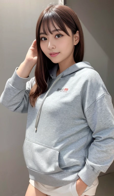 (Best Quality, in 8K, 32K, masutepiece, nffsw:1.3), Pottery muscle,a 25yo woman,light ash gray hair: 1.1,SupportBob Hair,unique mesh, (Upper and lower sweatshirts,parka: 1.1), Photography Studio, Ultra-detailed face, Detailed eyes, 二重まぶた,Sareme,Gentle eyes,Strong eyes,long eyelashes,Proud expression,a smile,a cool,Makeup thick,cheerful,gentle,adult-like,calm look