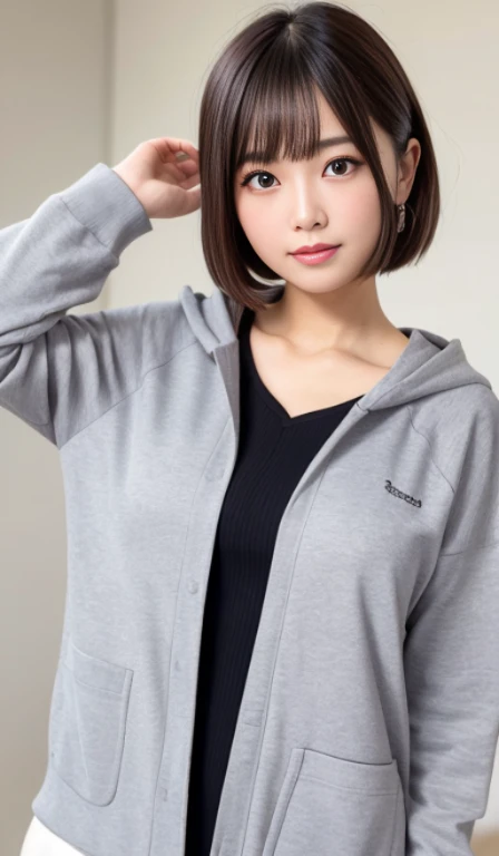 (Best Quality, in 8K, 32K, masutepiece, nffsw:1.3), Pottery muscle,a 25yo woman,light ash gray hair: 1.1,SupportBob Hair,unique mesh, (Upper and lower sweatshirts,parka: 1.1),  Photography Studio, Ultra-detailed face,  Detailed eyes, 二重まぶた,Sareme,Gentle eyes,Strong eyes,long eyelashes,Proud expression,a smile,a cool,Makeup thick,cheerful,gentle,adult-like,calm look