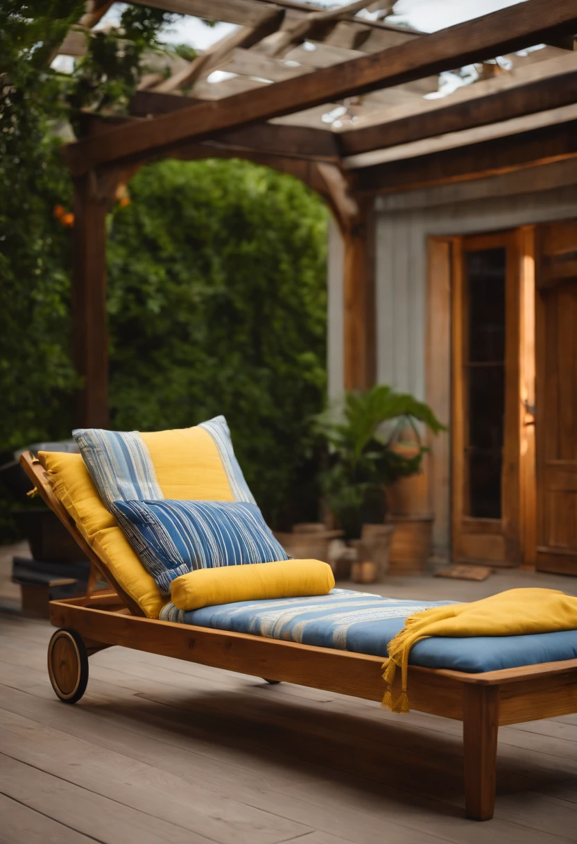 A photo of a beautifully handcrafted wooden outdoor chaise lounge with soft cushions and a cozy throw blanket.,original,Blue and yellow Swedish warehouse. , male